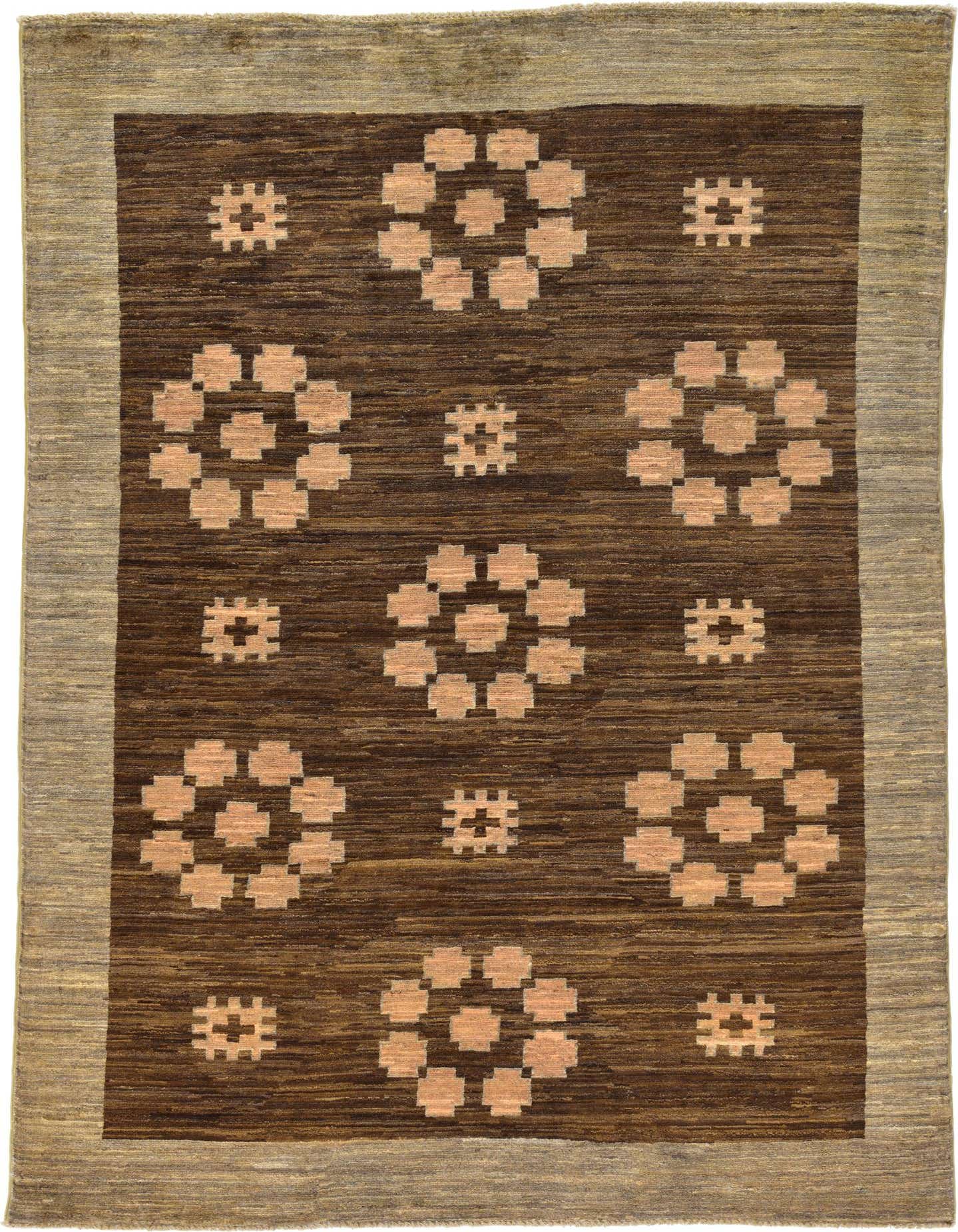 A 4x6 rectangular Modern Ziegler rug featuring a dark brown field with light tan tribal floral motifs and a lighter brown border.
