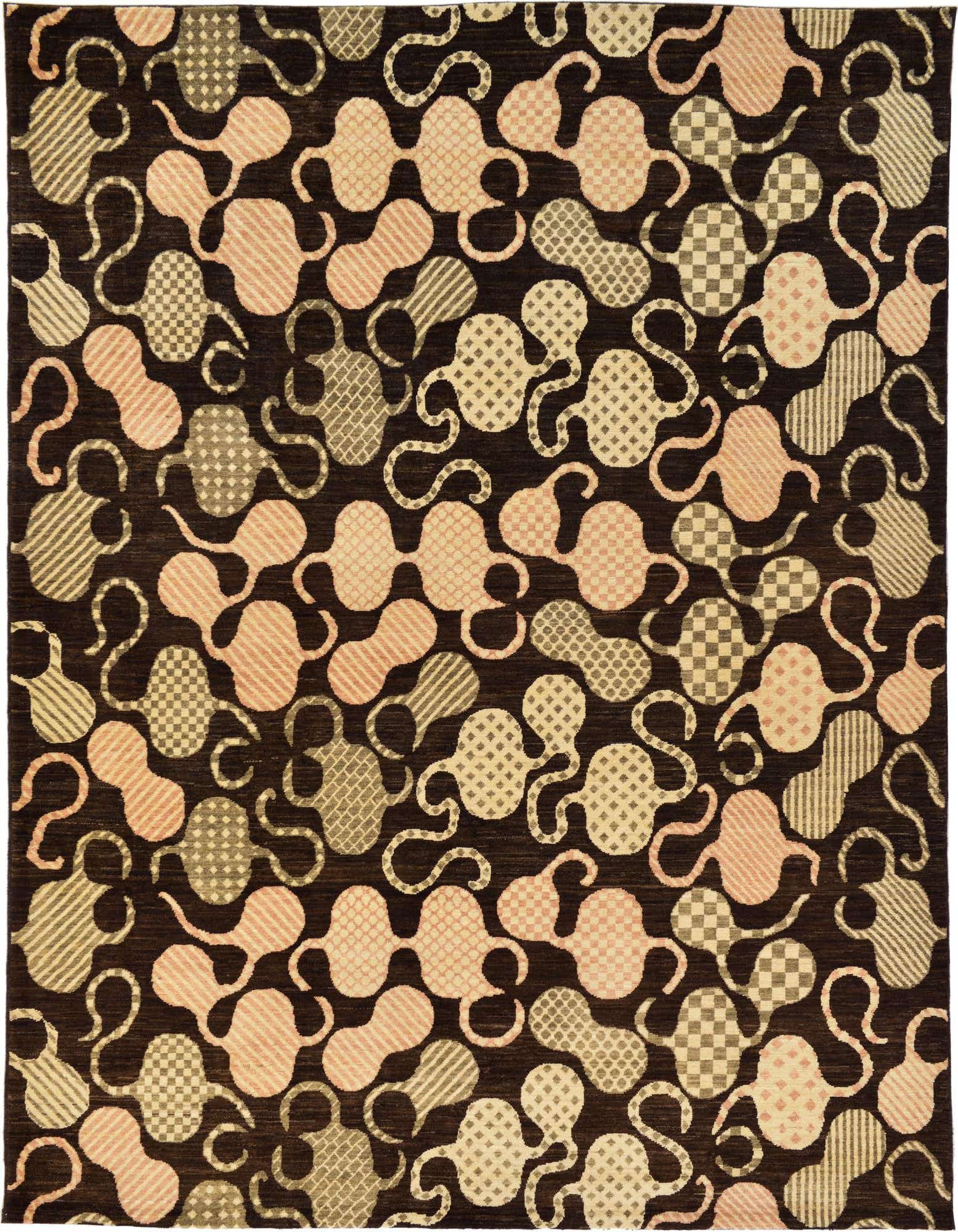 An 8x10 rectangular Modern Ziegler rug with an abstract tribal pattern in browns, tans, and light pinks on a dark brown background, suitable for a living room.