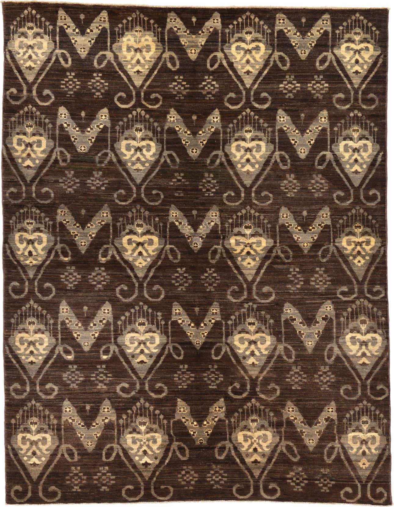 A 5x8 rectangular Modern Ziegler rug featuring a tribal pattern in shades of brown and tan, made of hand-spun wool.
