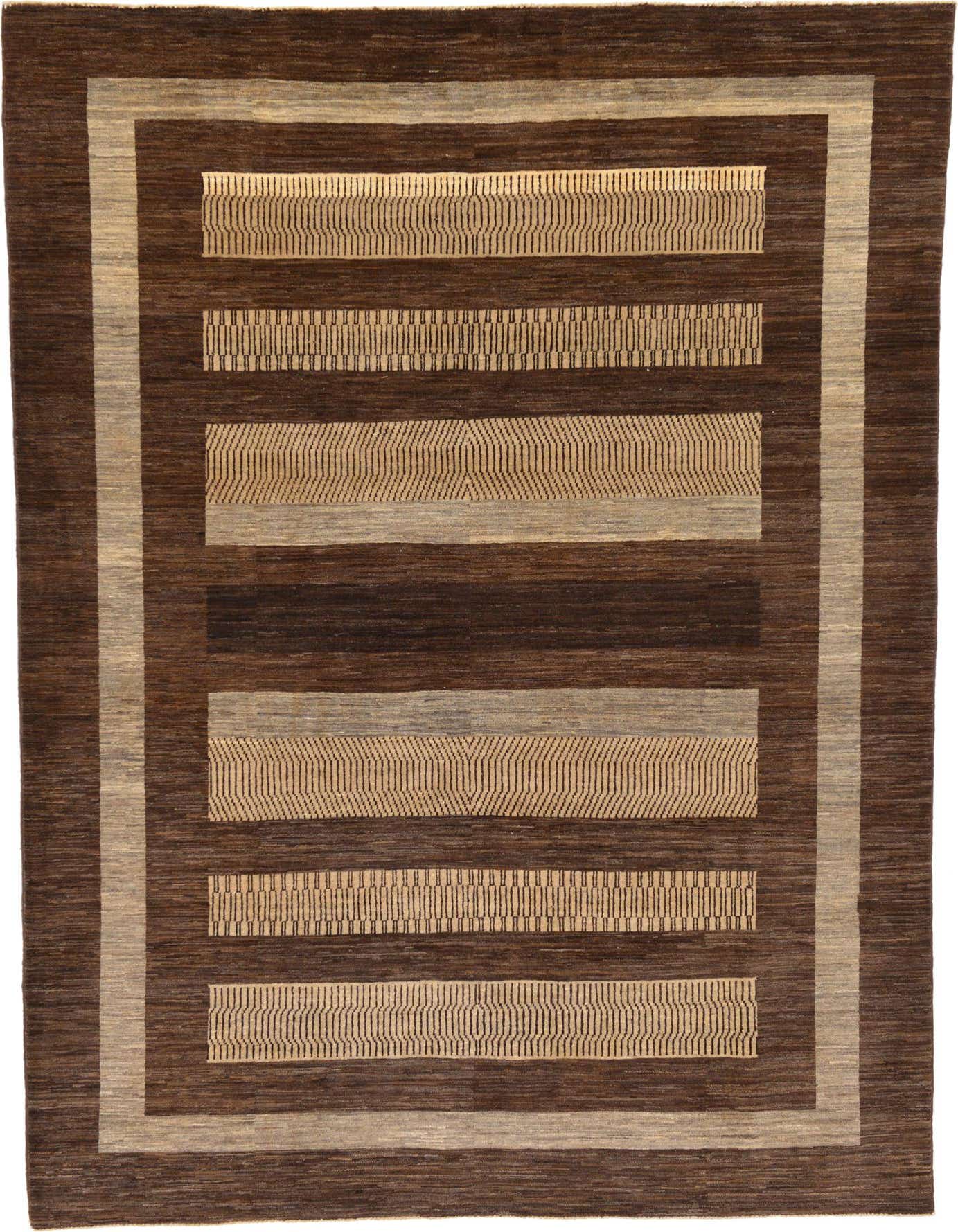 A 7x10 rectangular Modern Ziegler rug in shades of brown and tan, featuring a tribal stripe pattern.
