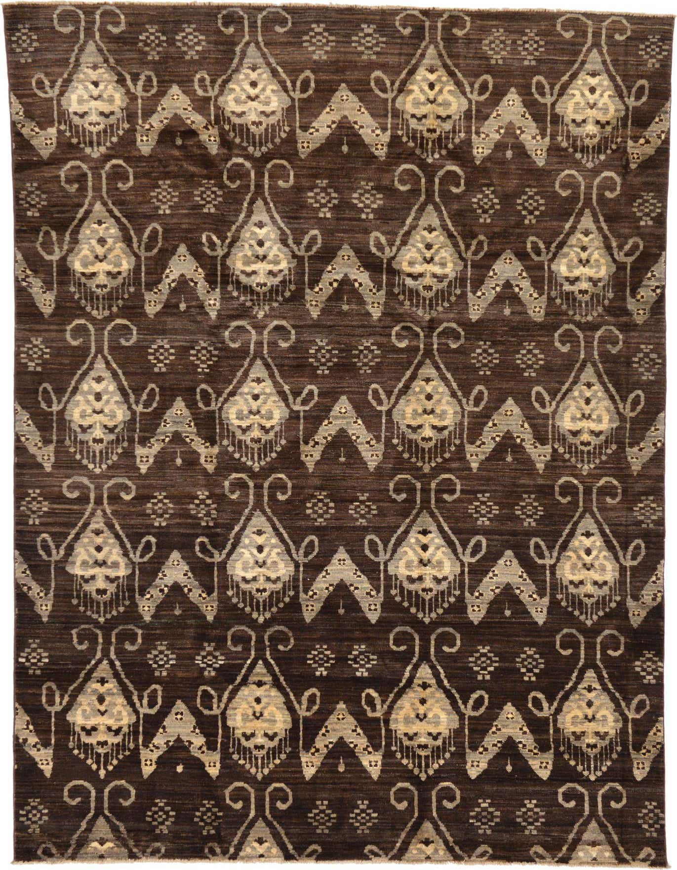 A 6x9 rectangular Modern Ziegler rug featuring a tribal pattern in shades of brown and tan, perfect for a living room.