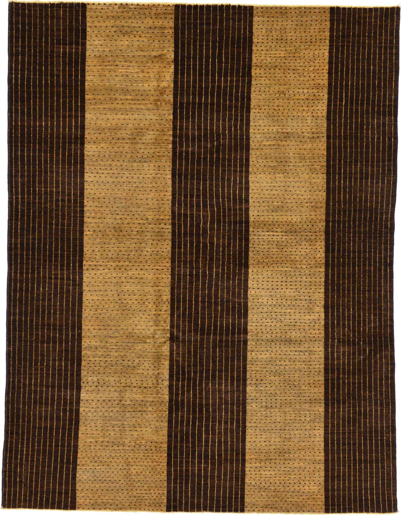 A 6x9 rectangular Modern Ziegler rug featuring alternating wide stripes of dark brown with thin tan lines and solid tan with small dark brown dots, ideal for a living room.