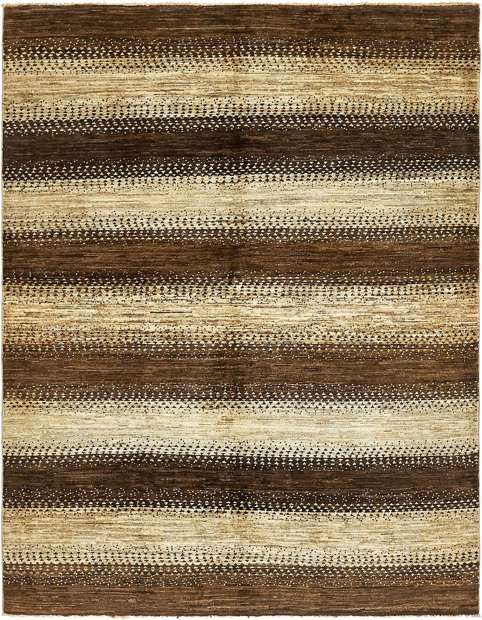 A 5x7 rectangular Modern Ziegler rug featuring alternating stripes of dark brown and light tan with subtle dotted patterns, made from hand-spun wool.