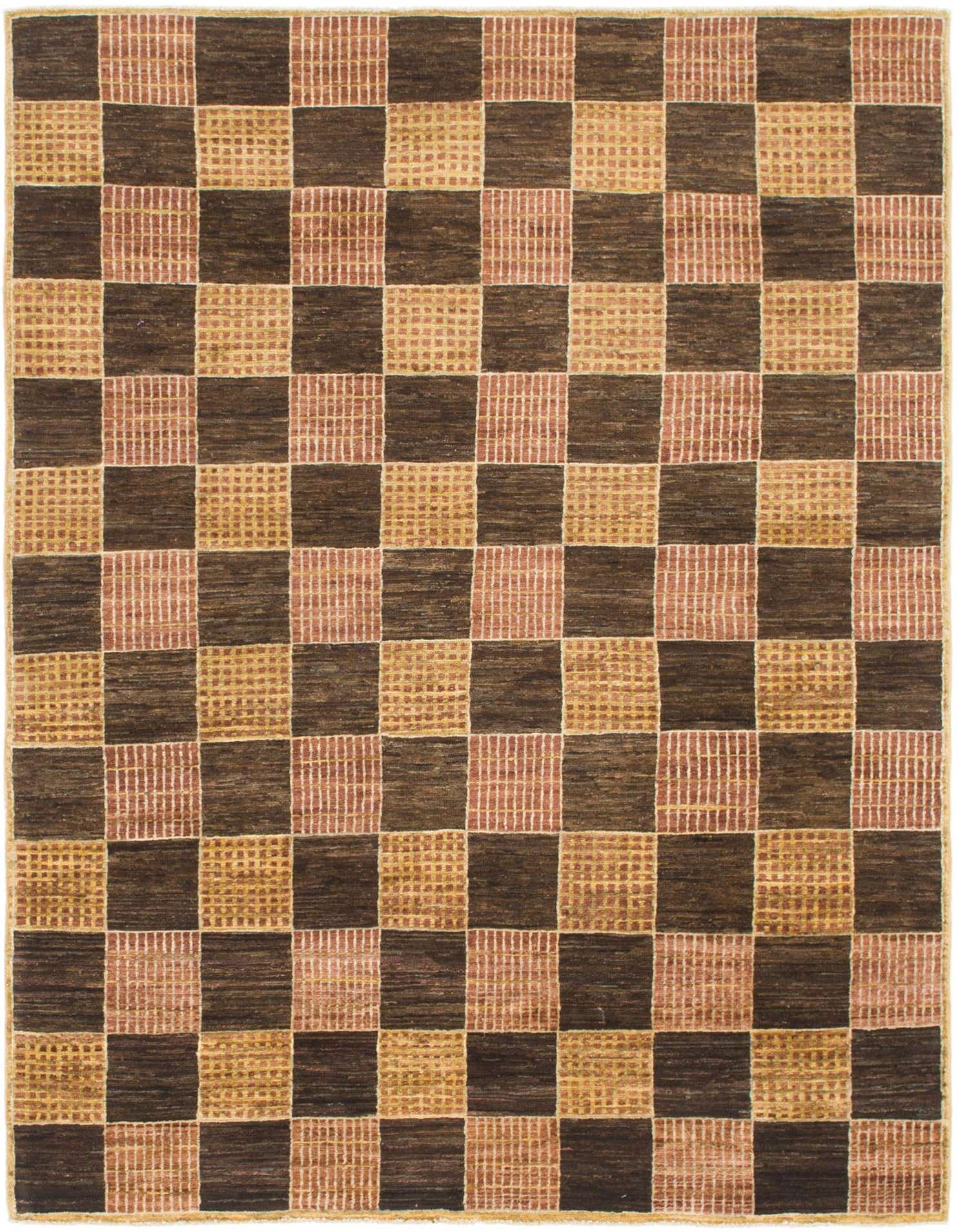 A 4x6 rectangular Modern Ziegler wool rug featuring a checkerboard pattern in various shades of brown and tan.