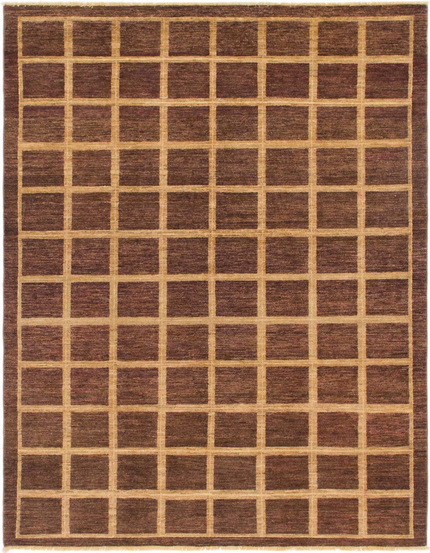 A 5x8 rectangular Modern Ziegler rug featuring a grid pattern with tan lines on a rich brown background, suitable for a living room.