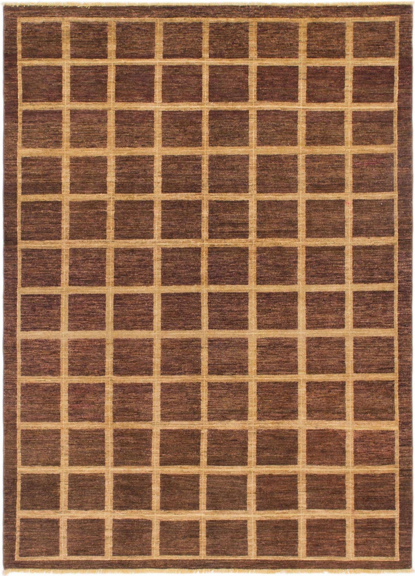 A 5x8 rectangular Modern Ziegler rug featuring a grid pattern with tan lines on a rich brown background, suitable for a living room.