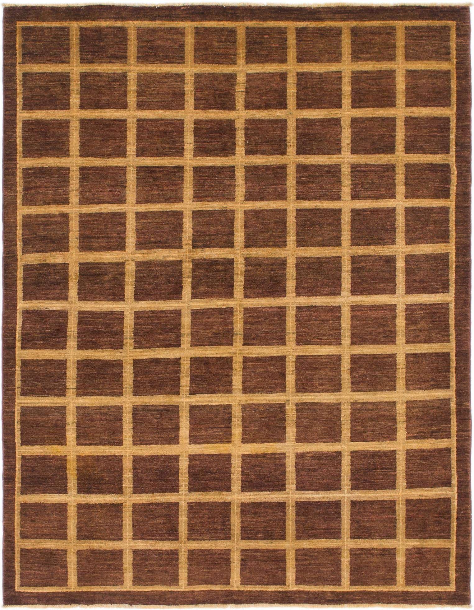 A 5x8 rectangular Modern Ziegler rug featuring a grid pattern in varying shades of brown and tan, showcasing its hand-spun wool texture.