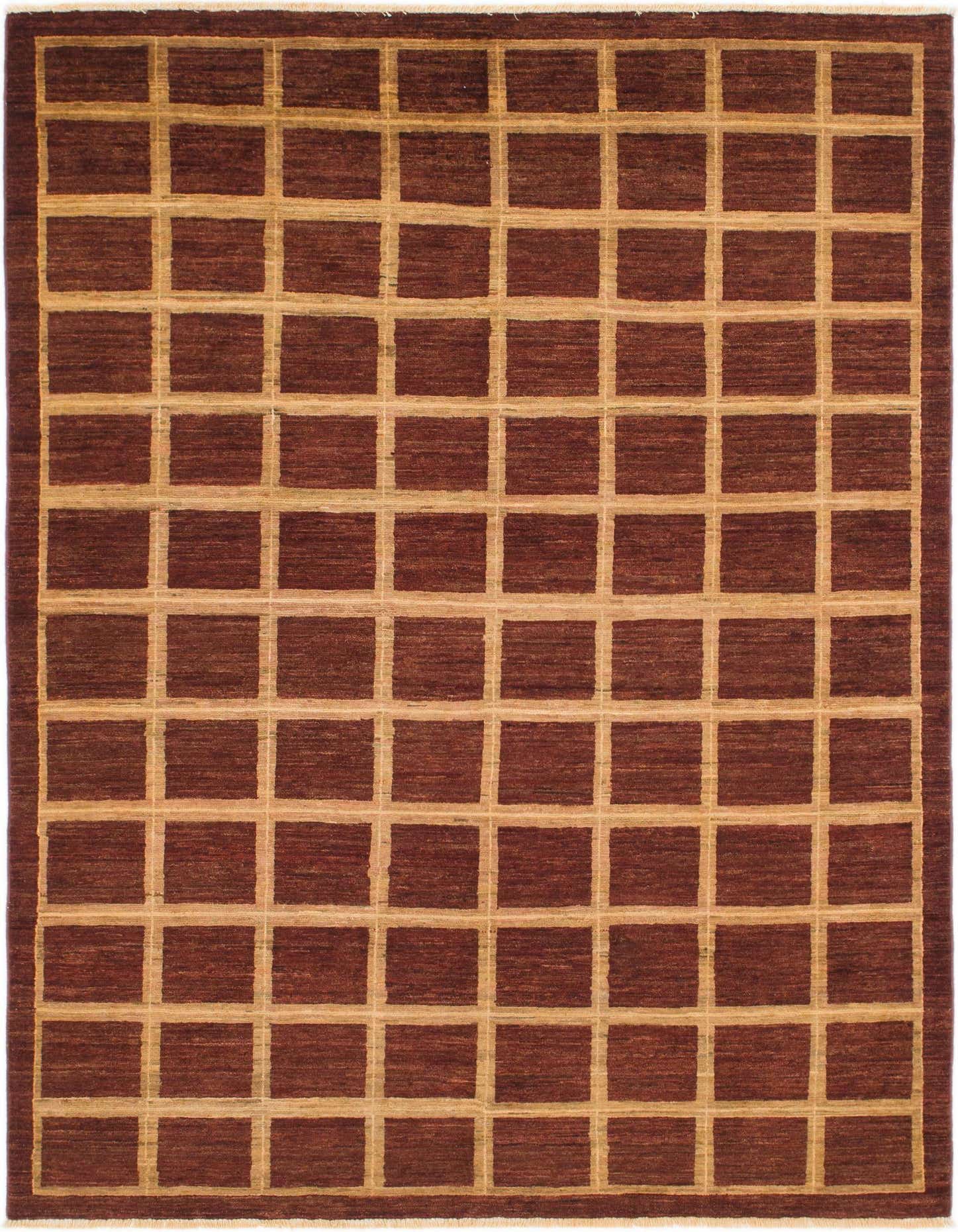 A 6x9 rectangular Modern Ziegler rug featuring a grid pattern with tan lines on a rich brown background, suitable for a living room.