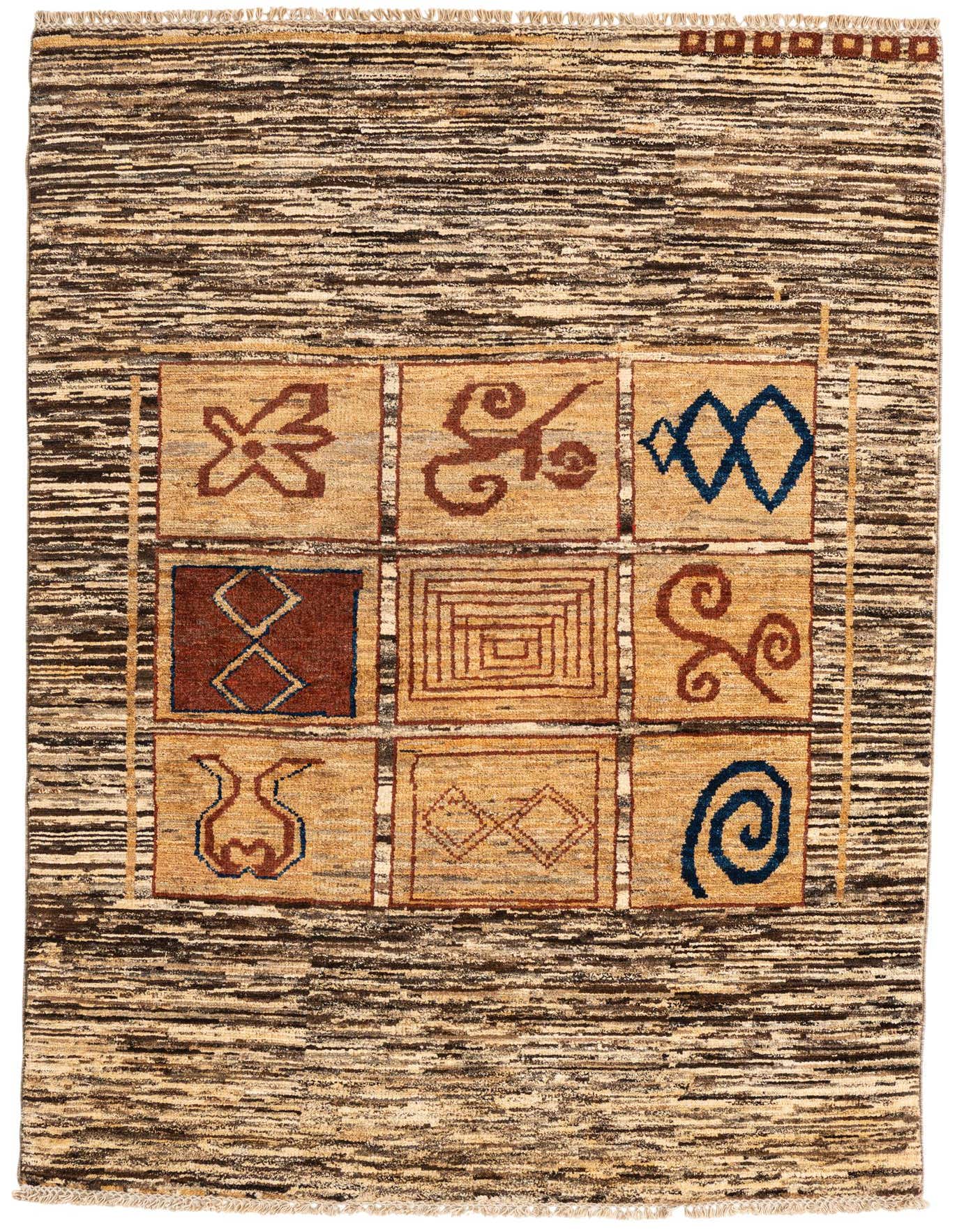 A 4x6 rectangular Modern Ziegler rug featuring brown and tan stripes with a central grid of nine unique Oriental symbols.
