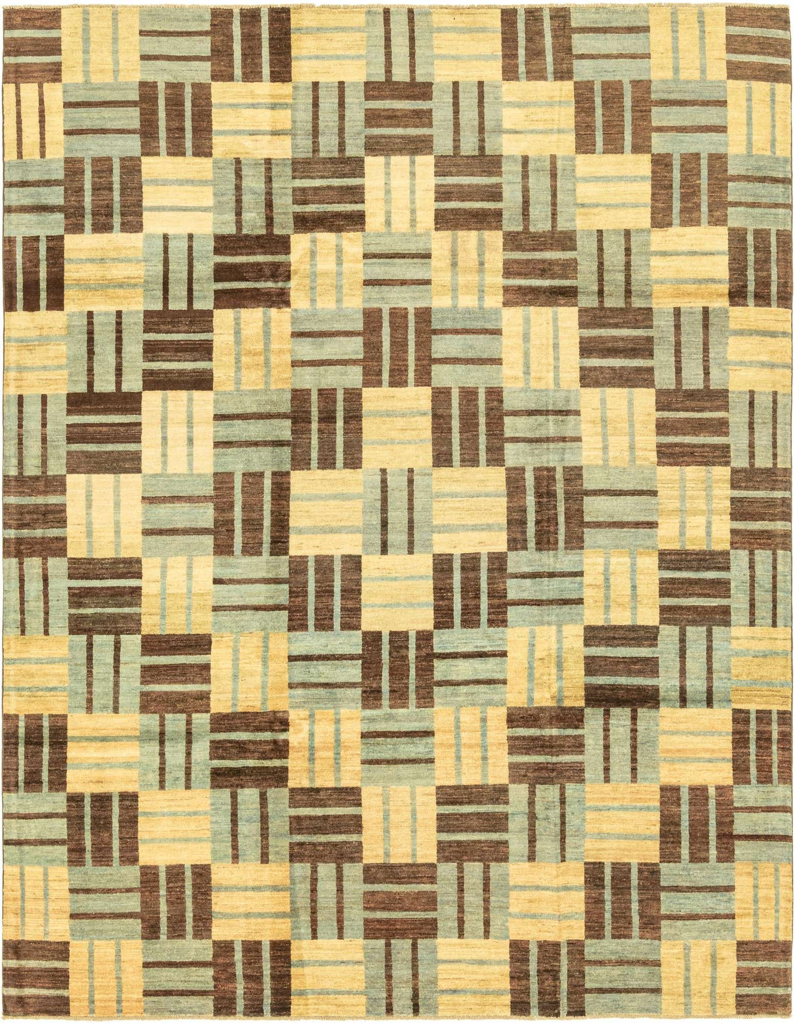 A rectangular 8x10 Modern Ziegler rug featuring an abstract geometric pattern of brown, tan, and light blue blocks.