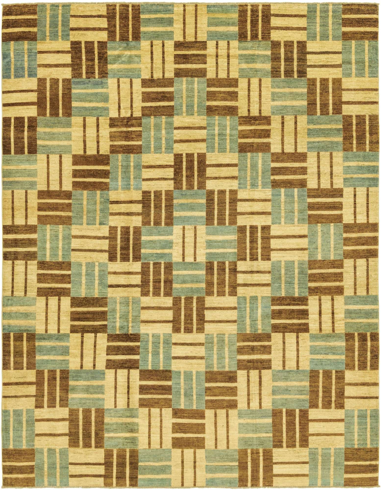 An 8x10 rectangular Modern Ziegler rug featuring a geometric tribal pattern in browns, tans, and light blue squares.