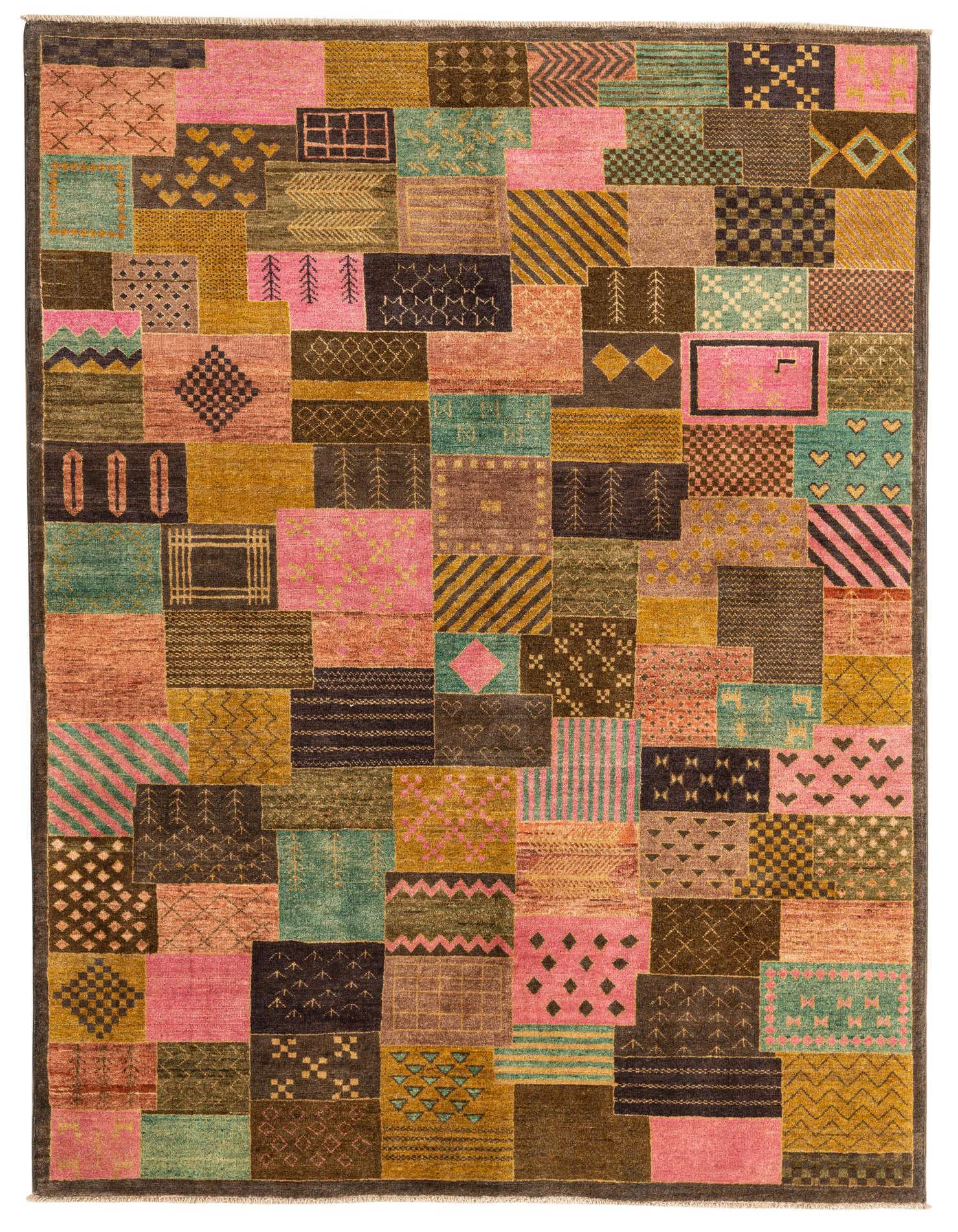 A 6x9 rectangular Modern Ziegler rug featuring a patchwork design with varied patterns in shades of brown, tan, pink, and teal.