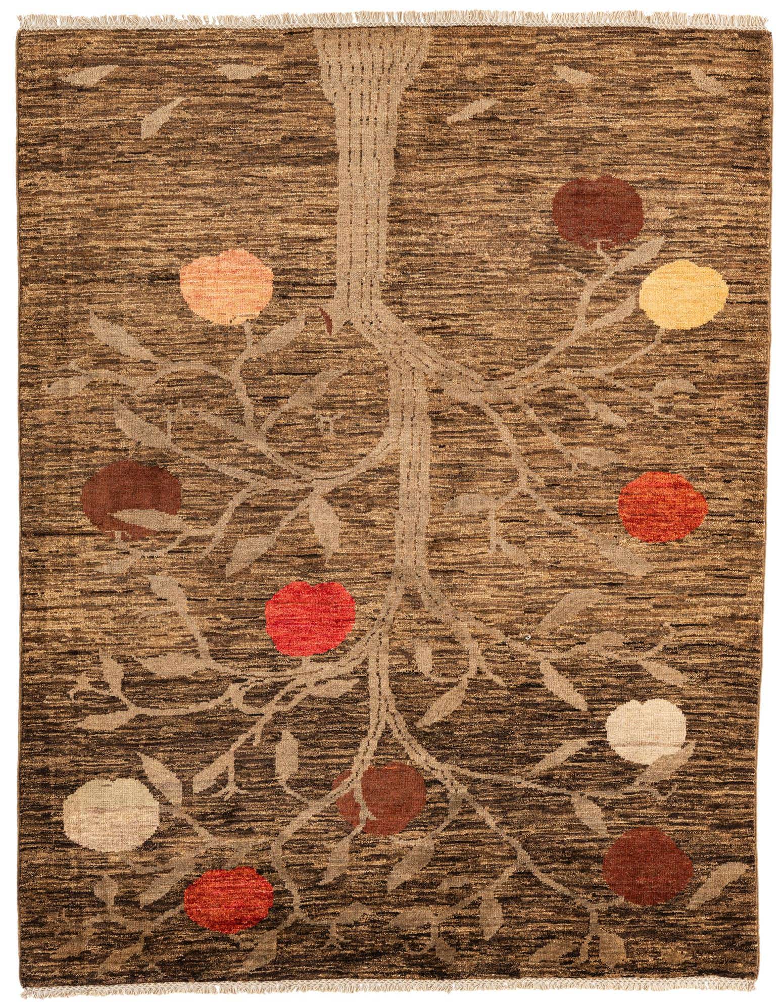 A 5x7 rectangular brown wool rug featuring a modern botanical tree design with colorful fruit accents.