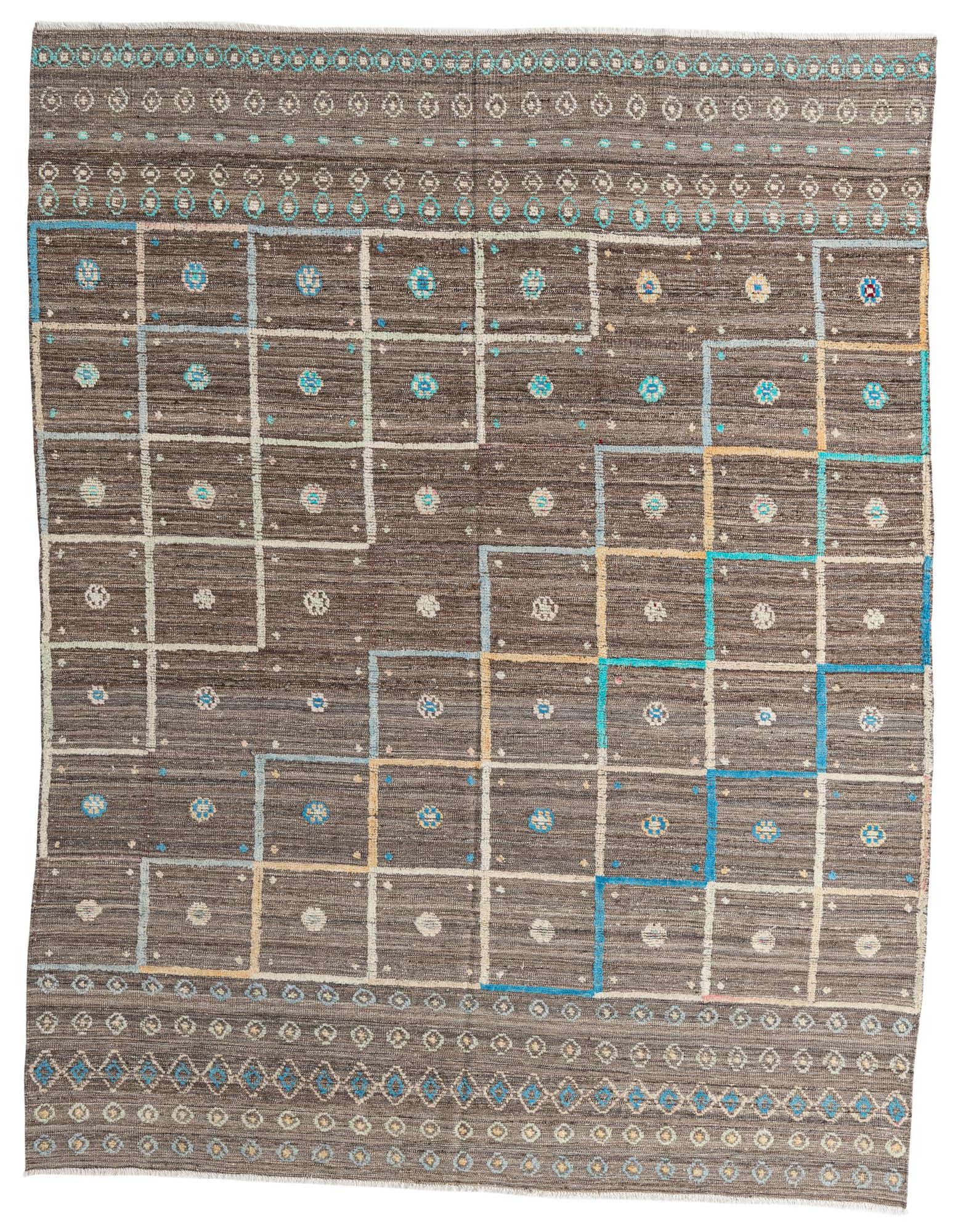 A rectangular 8x10 brown wool rug with a modern Southwestern pattern of squares and circles in blue, tan, and white.