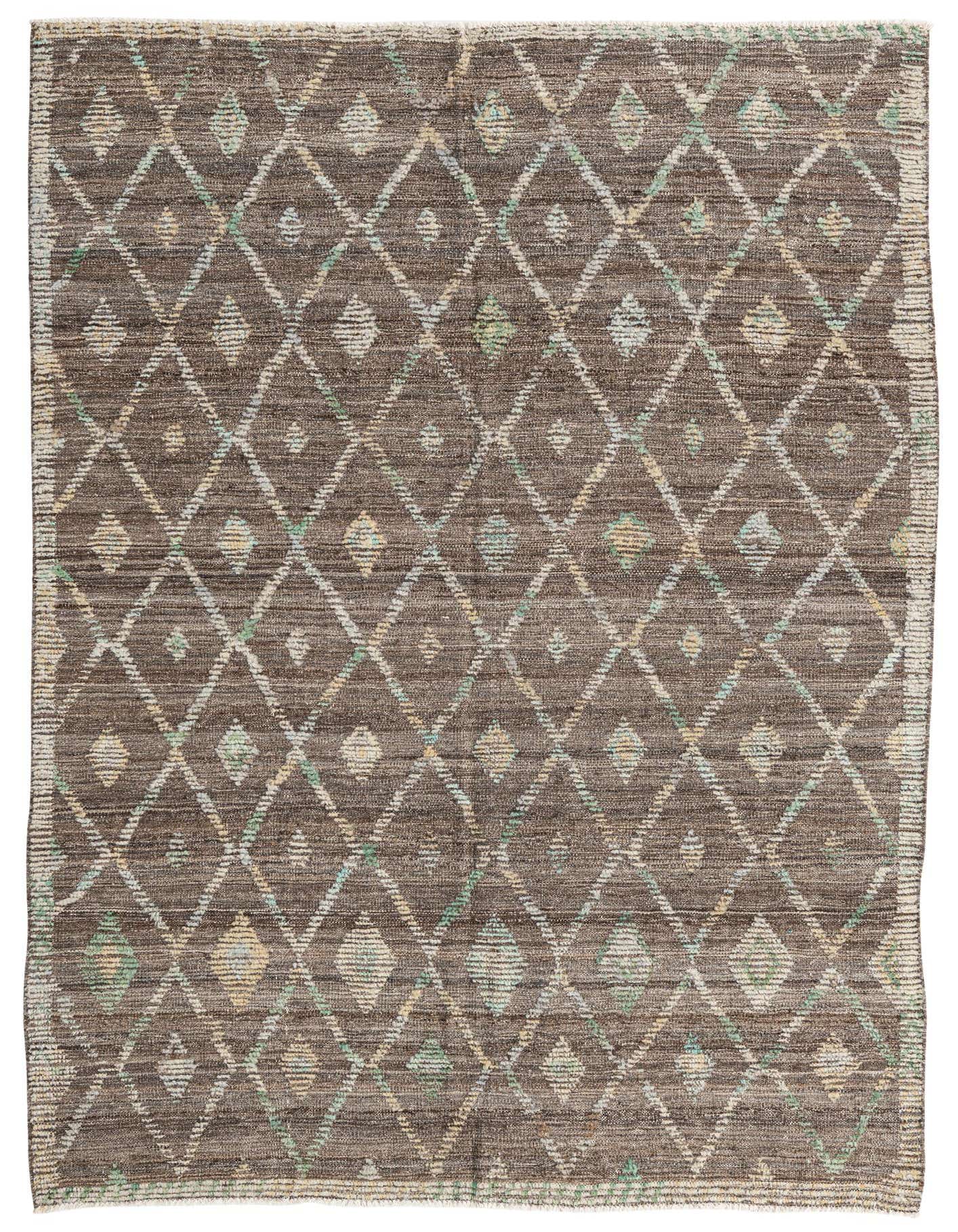 A 6x9 rectangular brown wool rug featuring an abstract diamond pattern in tan, light blue, and green hues.