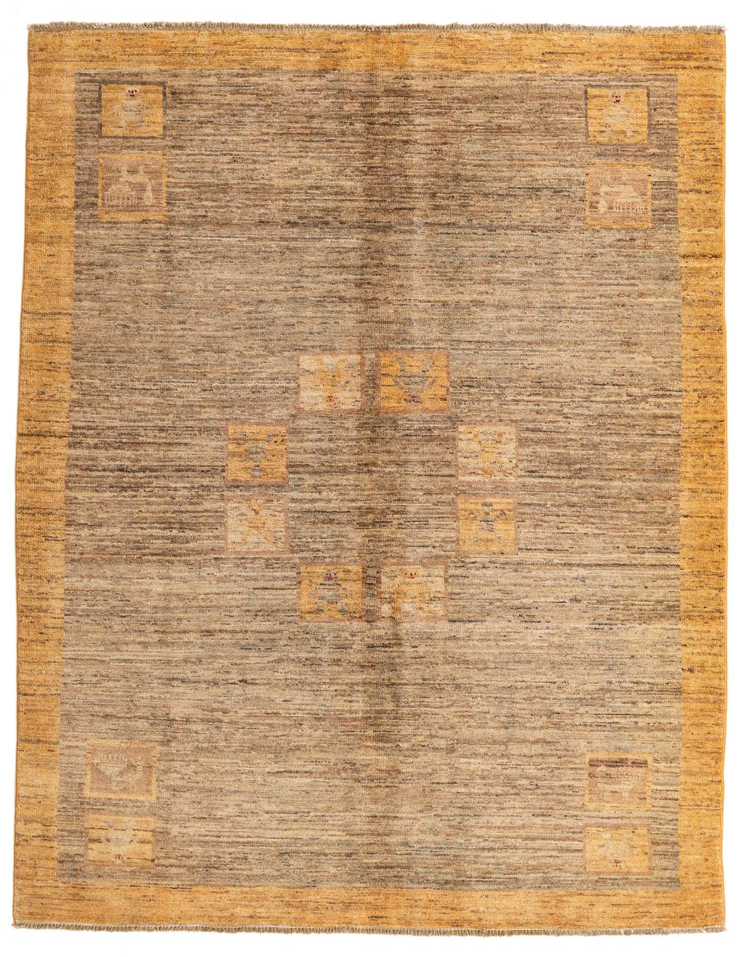 A 5x8 rectangular Modern Ziegler rug in browns and tans, featuring a subtle medallion pattern and a thin pile.