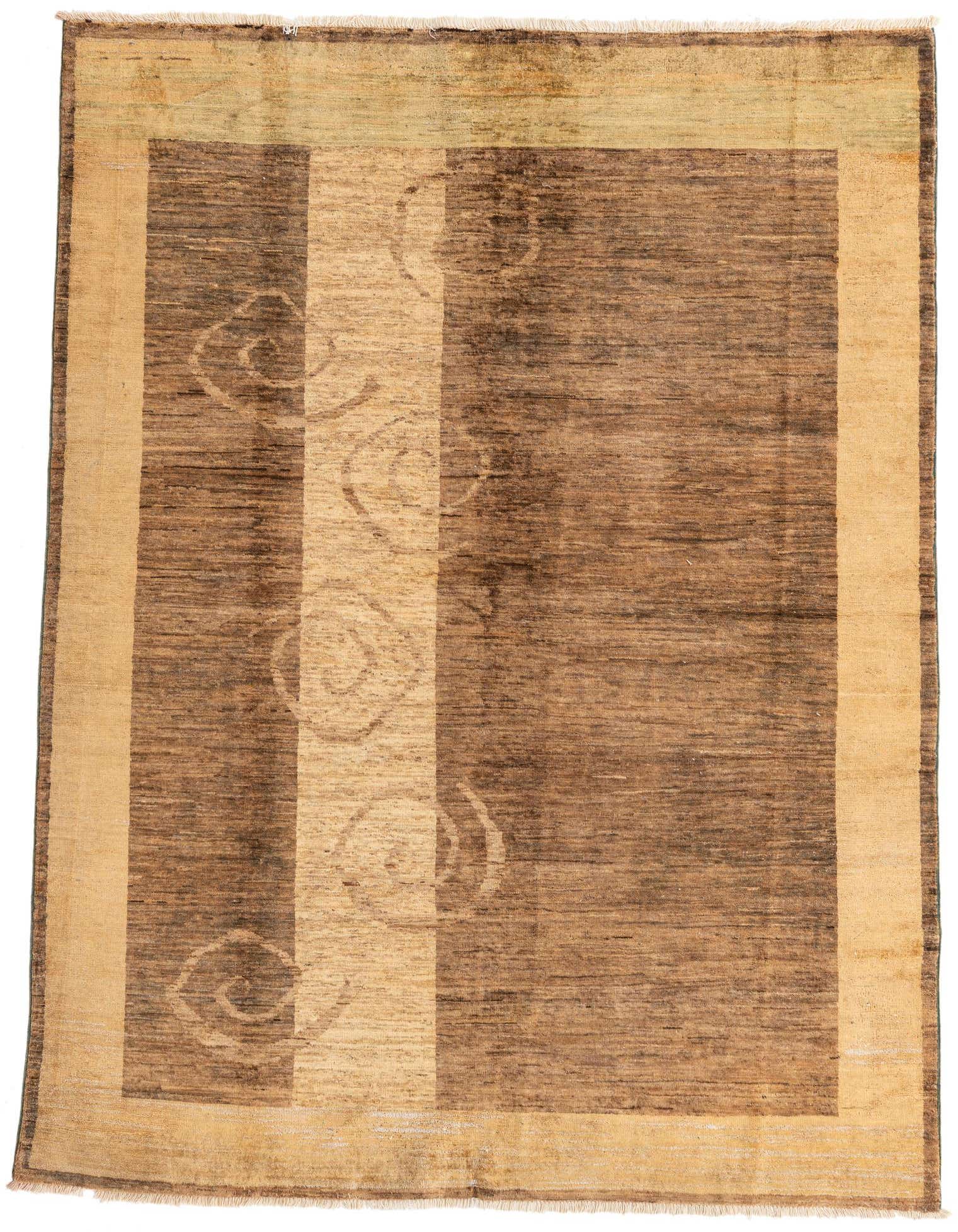 A 5x8 rectangular Modern Ziegler rug in browns and tans, featuring an abstract oriental pattern on hand-spun wool.