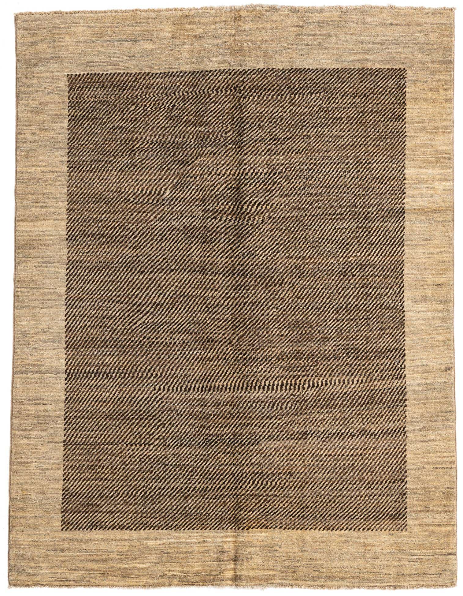 A 4x6 rectangular Rugs.com Modern Ziegler rug featuring a brown center with diagonal stripes and a tan border, made from hand-spun wool.
