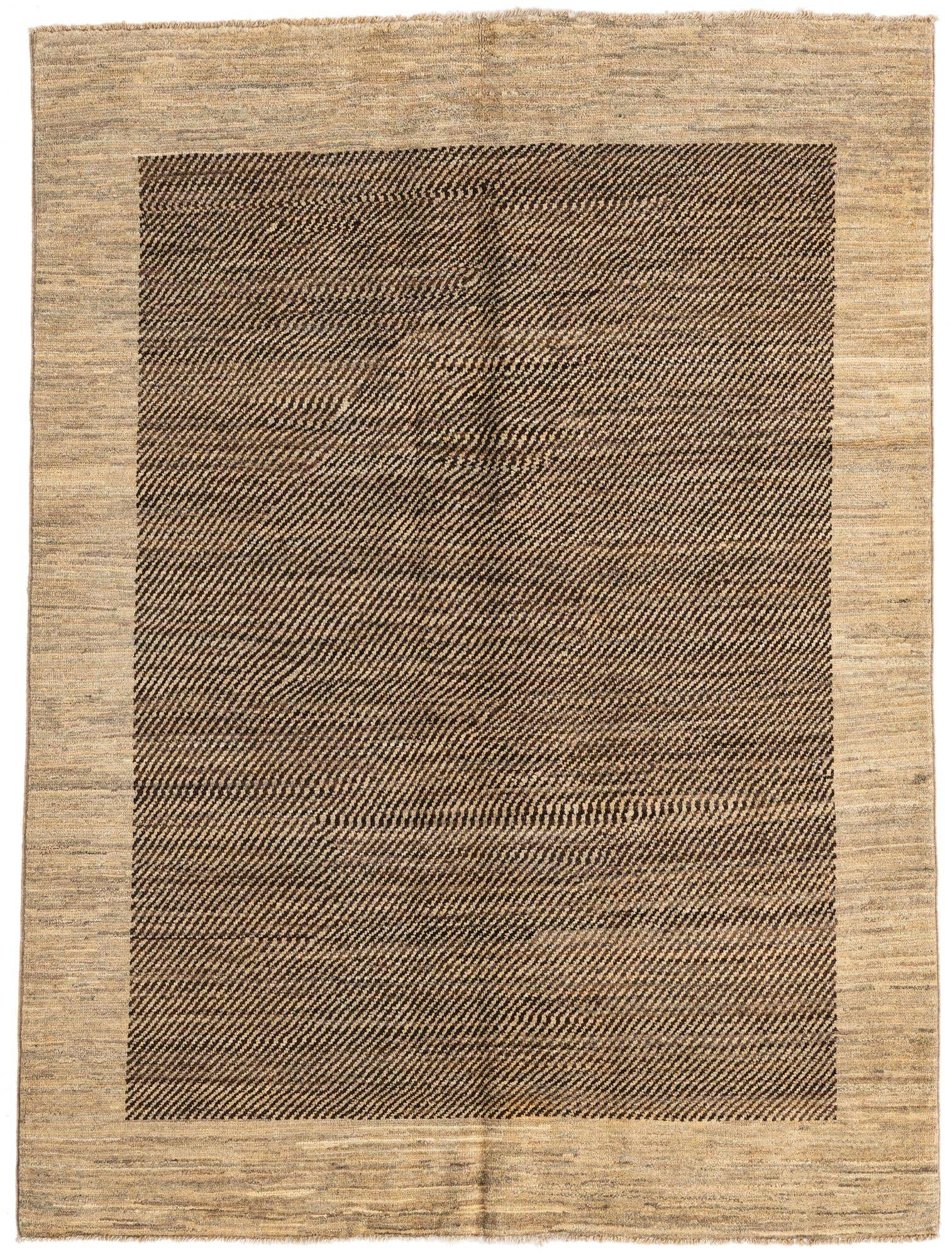 A 4x6 rectangular Rugs.com Modern Ziegler rug featuring a brown center with diagonal stripes and a tan border, made from hand-spun wool.