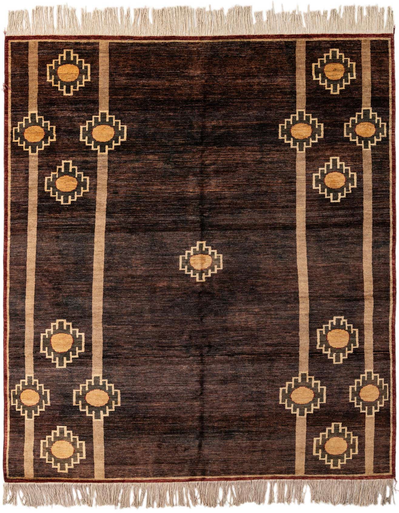 A 7x10 rectangular Modern Ziegler rug in browns and tans, featuring a central medallion and geometric patterns.