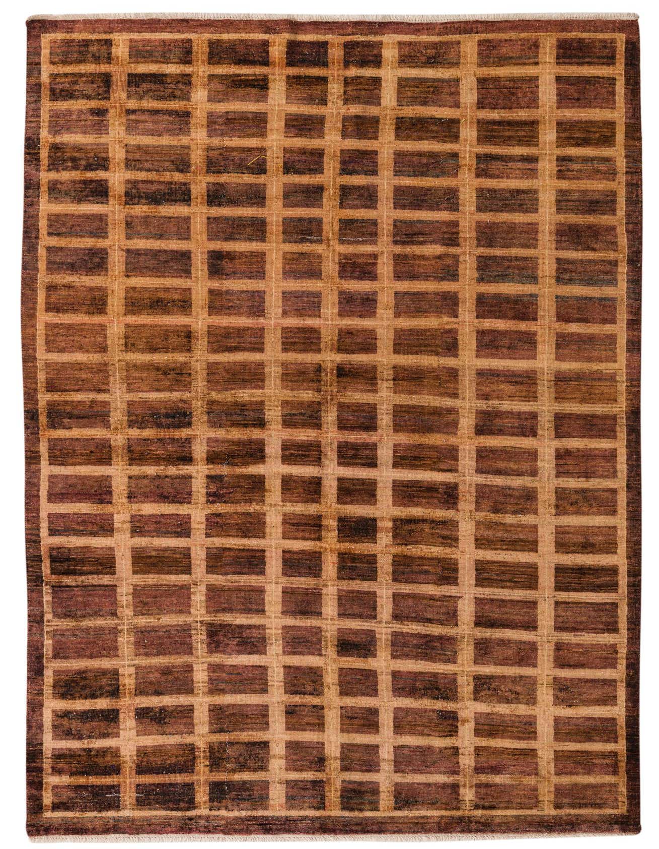 A 5x8 rectangular Modern Ziegler rug featuring a grid pattern in varying shades of brown and tan.