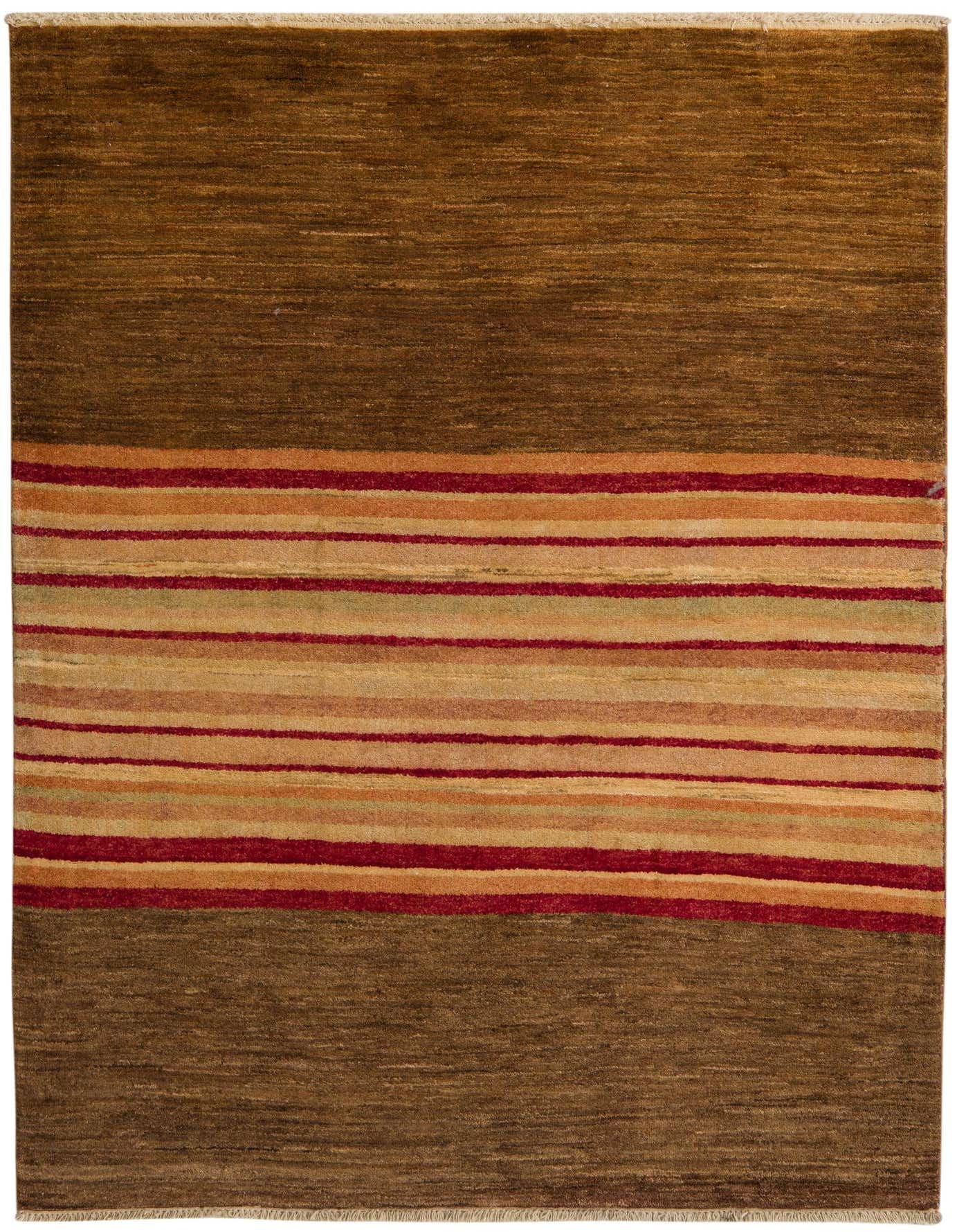 A 4x6 rectangular Modern Ziegler rug featuring a wide central stripe pattern in tan, orange, and red on a brown background.