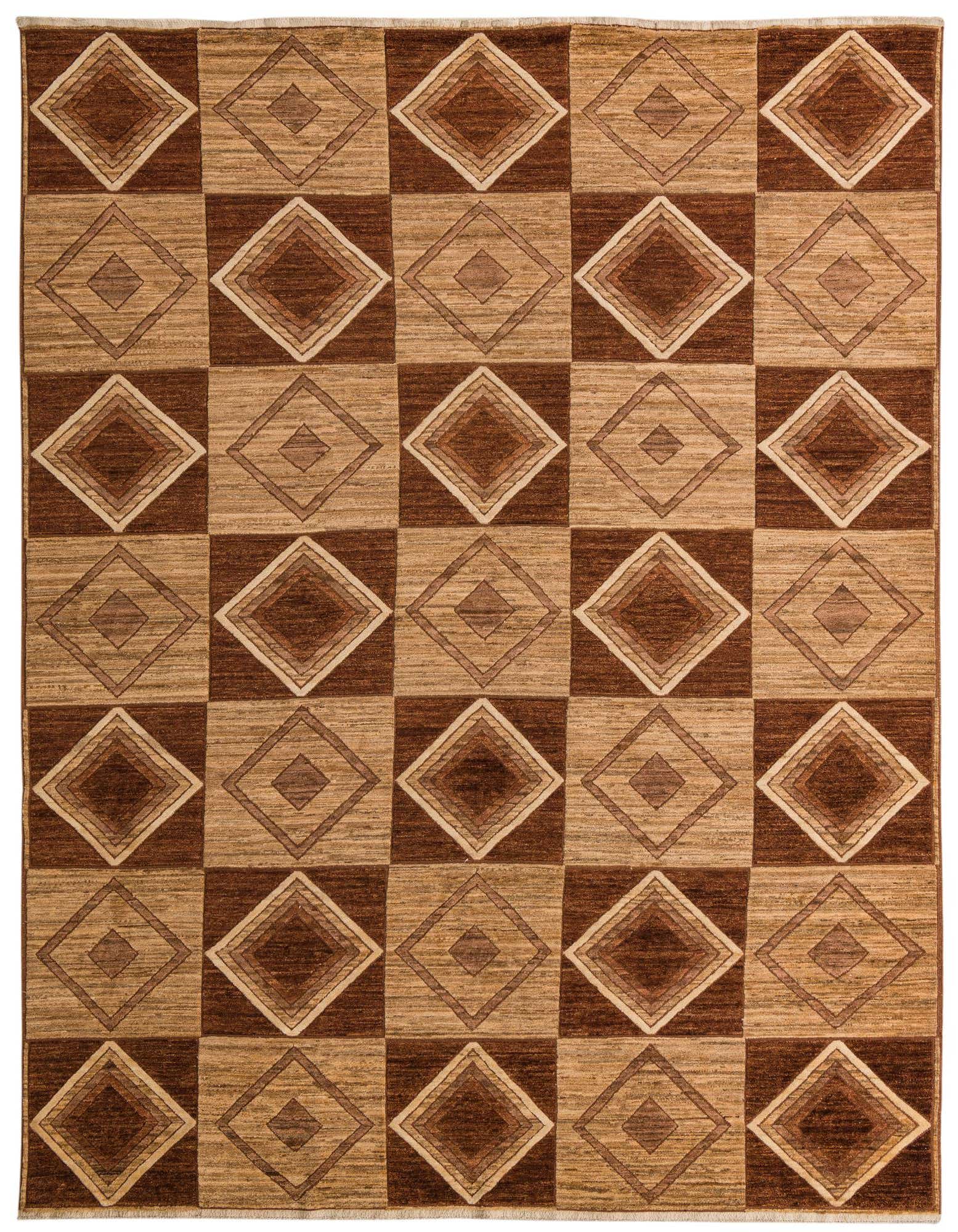 A 9x11 rectangular indoor rug with a modern geometric pattern of alternating brown and tan squares, each containing concentric diamonds.
