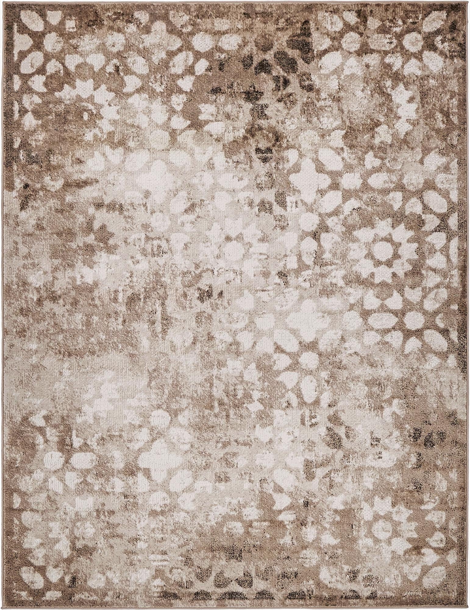 A 9x12 rectangular brown and tan area rug with a distressed bohemian floral pattern, ideal for a living room.