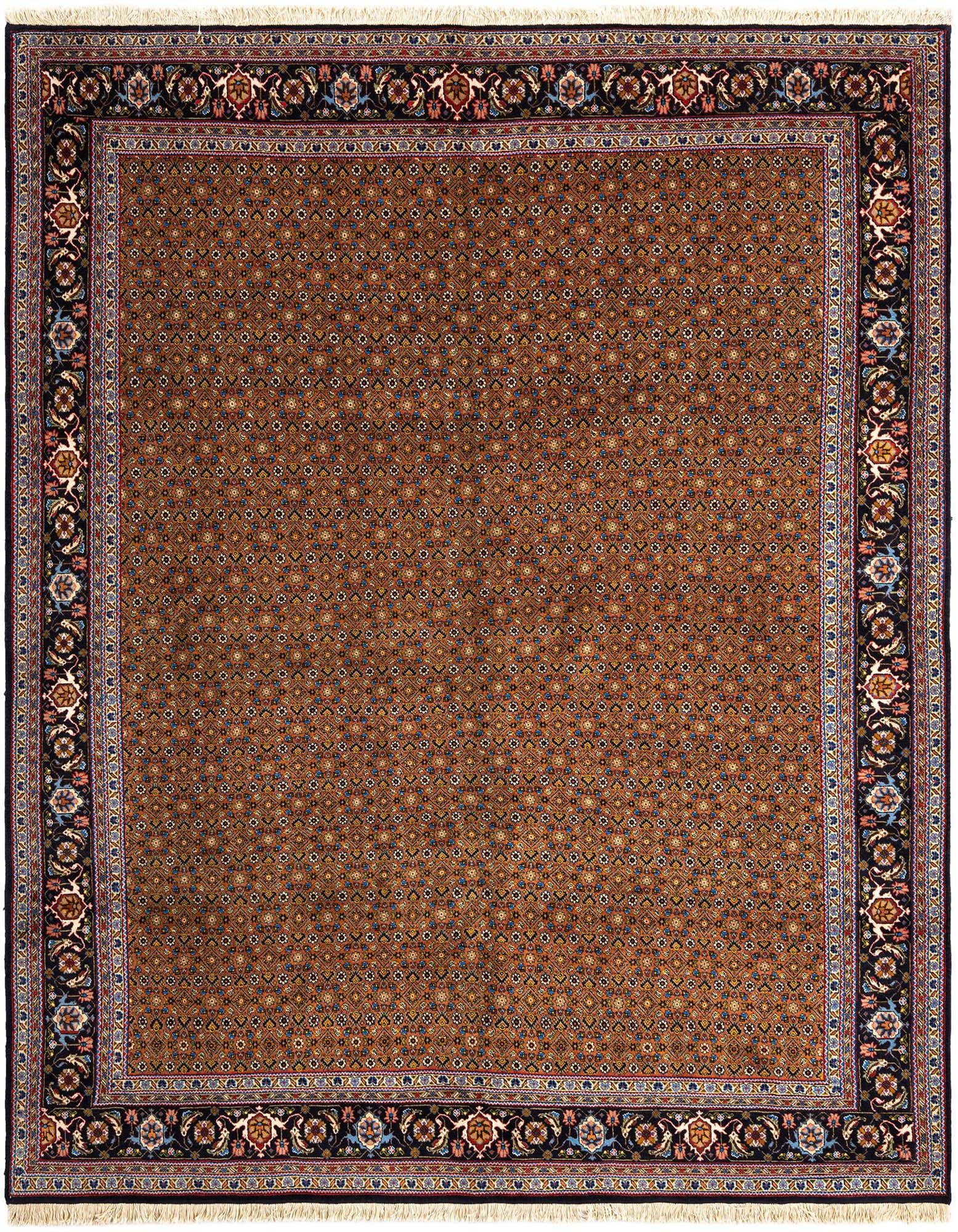 8x10 rectangular Mood collection Persian rug with a brown and tan field and intricate floral border.