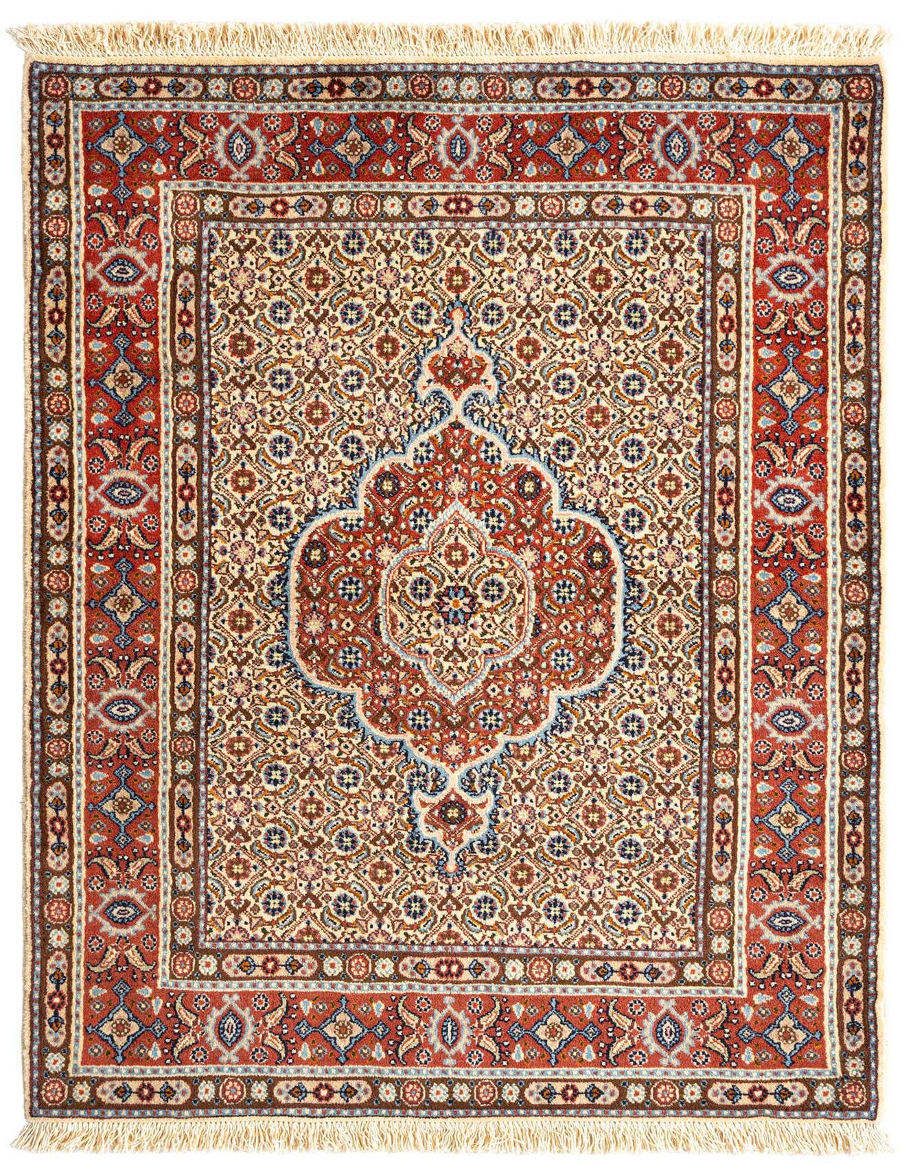 A 3x5 rectangular Mood Persian rug in browns and tans, featuring intricate traditional patterns and a central medallion.