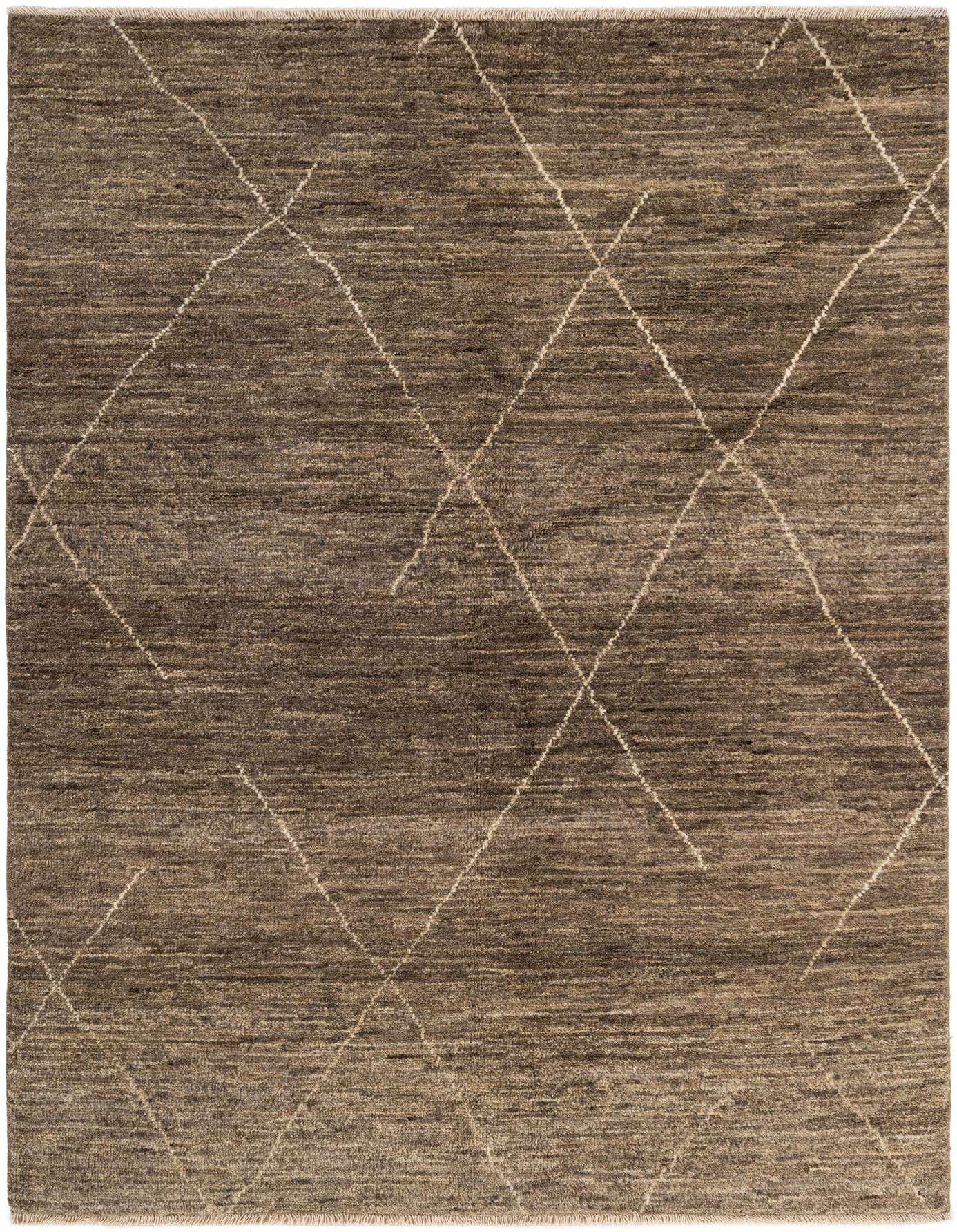 A 5x7 rectangular brown wool area rug with a subtle tribal diamond pattern, ideal for an indoor living space.