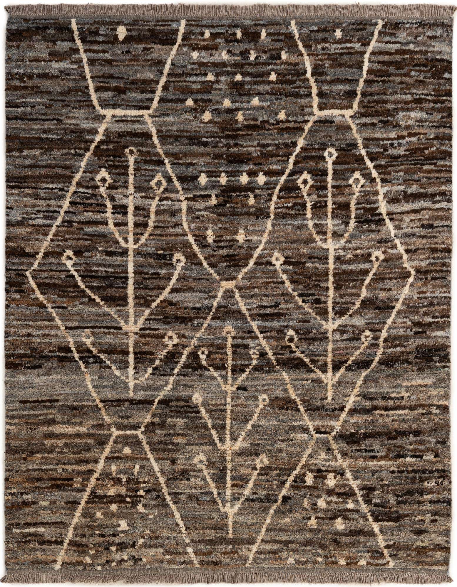 A 5x7 rectangular Moroccan rug featuring a tribal pattern in varying shades of brown and tan, with a medium pile.