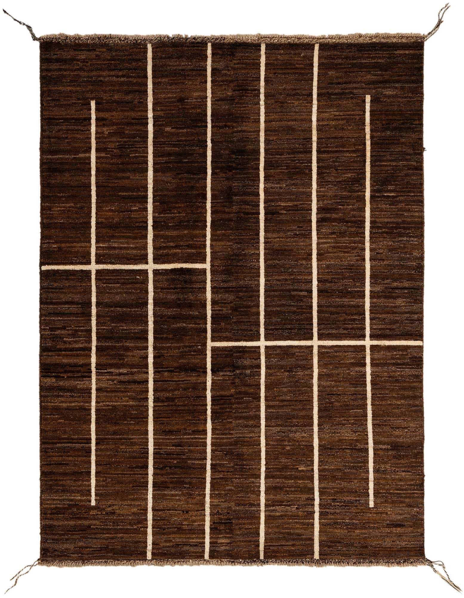 A 5x7 rectangular brown wool rug with a modern tribal pattern of vertical and horizontal tan lines.