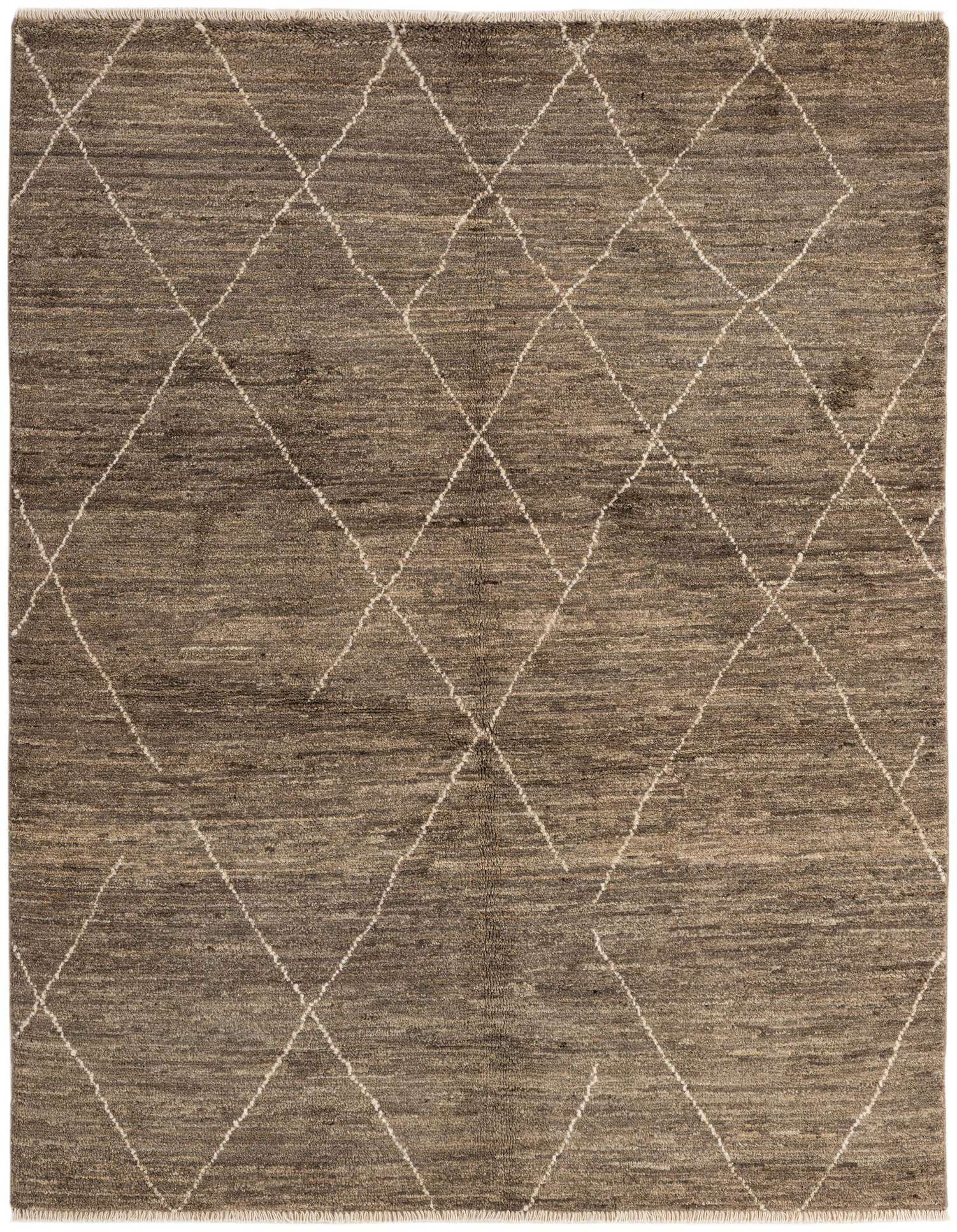 A 5x7 rectangular brown wool area rug with a subtle tribal diamond pattern in lighter tan, suitable for indoor spaces.
