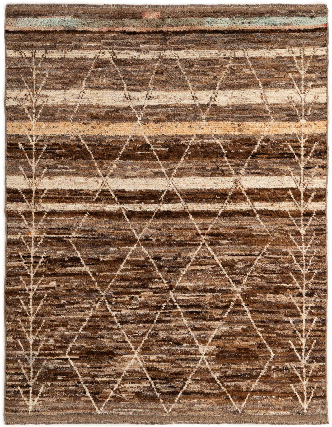 A 5x8 rectangular Moroccan wool rug featuring a tribal diamond pattern in various shades of brown and tan.