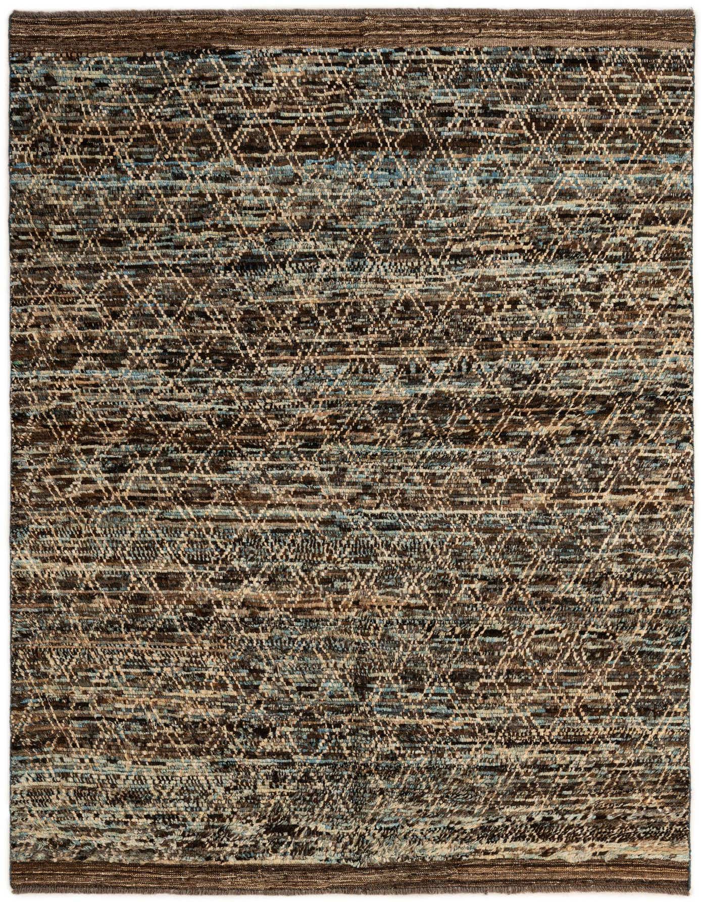 A 5x8 rectangular brown and tan wool rug with a subtle tribal geometric pattern and a medium pile.