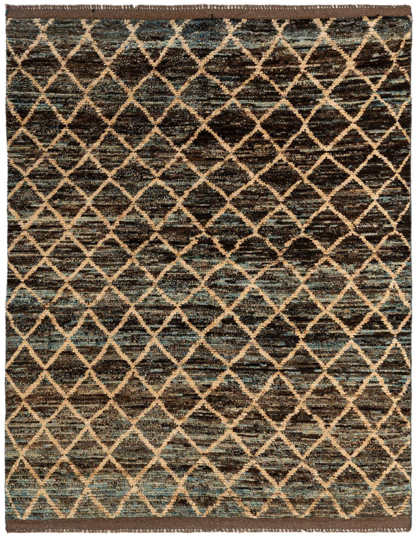 A 5x7 rectangular Moroccan tribal rug in shades of brown, tan, and blue with a diamond pattern.