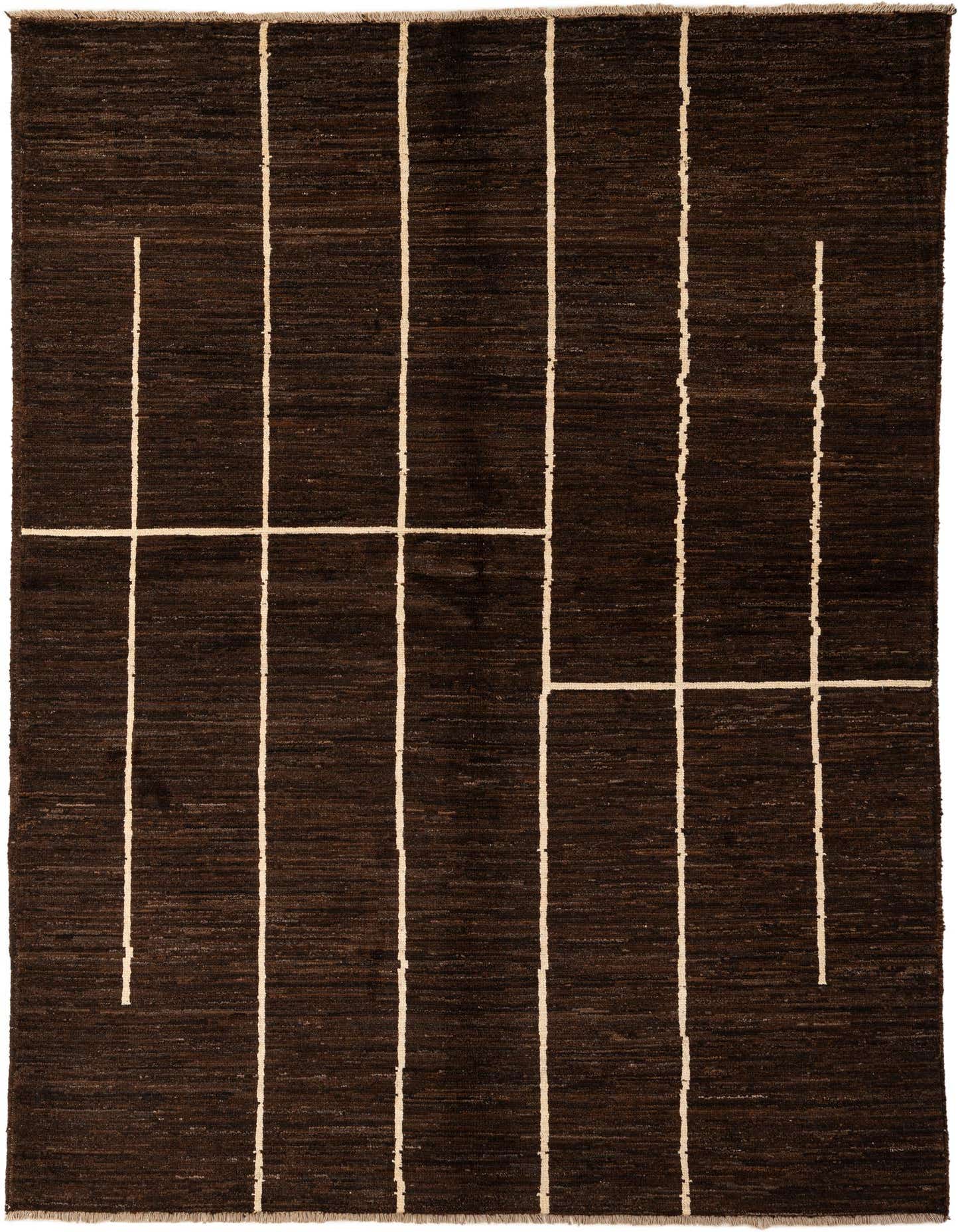 A 5x8 rectangular brown tribal rug with a modern grid pattern of tan lines, suitable for a living room.