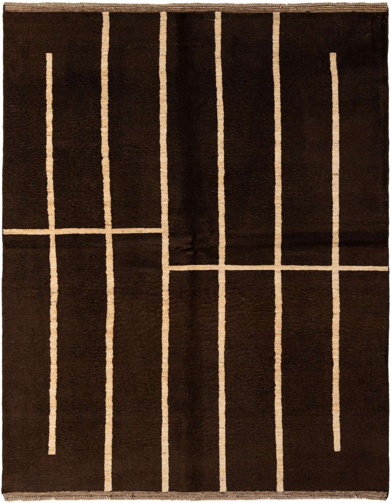 A 5x8 rectangular brown wool rug with a modern tribal pattern of vertical and horizontal tan lines.