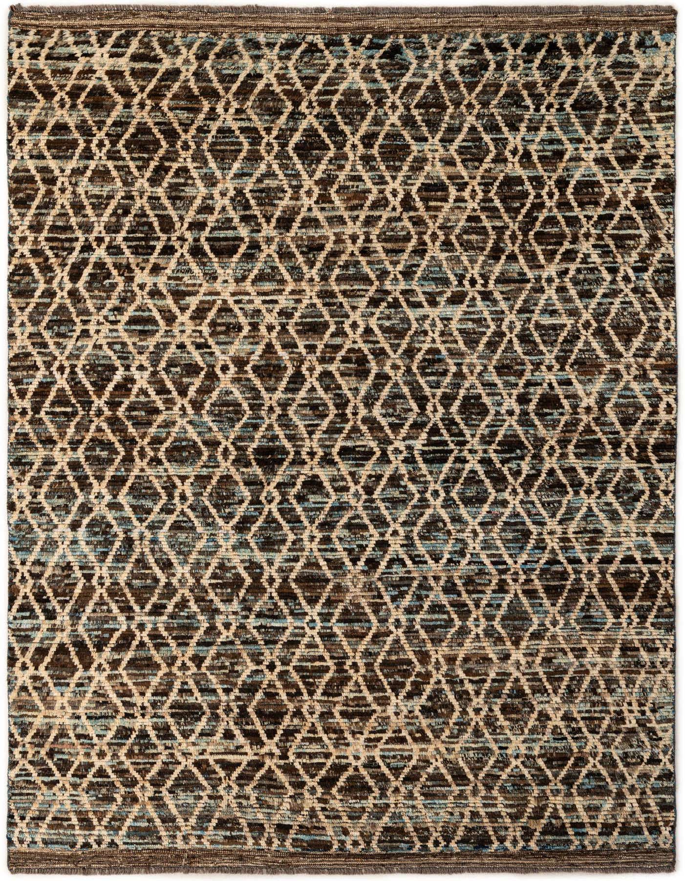 A 5x8 rectangular Moroccan rug with a tribal diamond pattern in shades of brown, tan, and subtle blue.