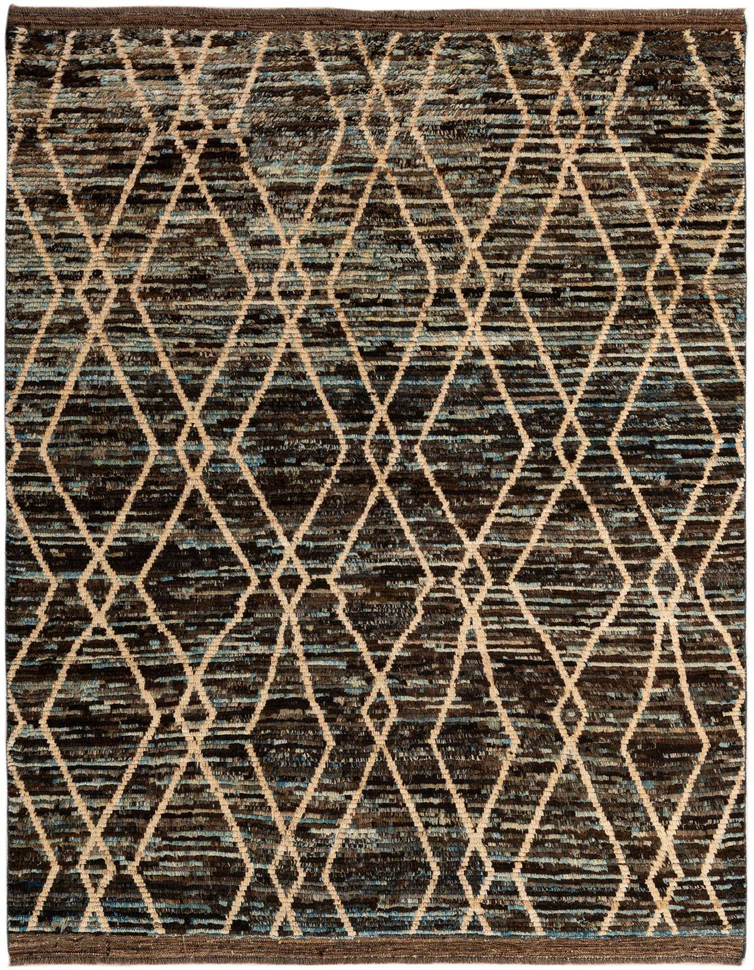 A 5x8 rectangular Moroccan rug featuring a tribal diamond pattern in shades of brown, tan, and subtle blue.