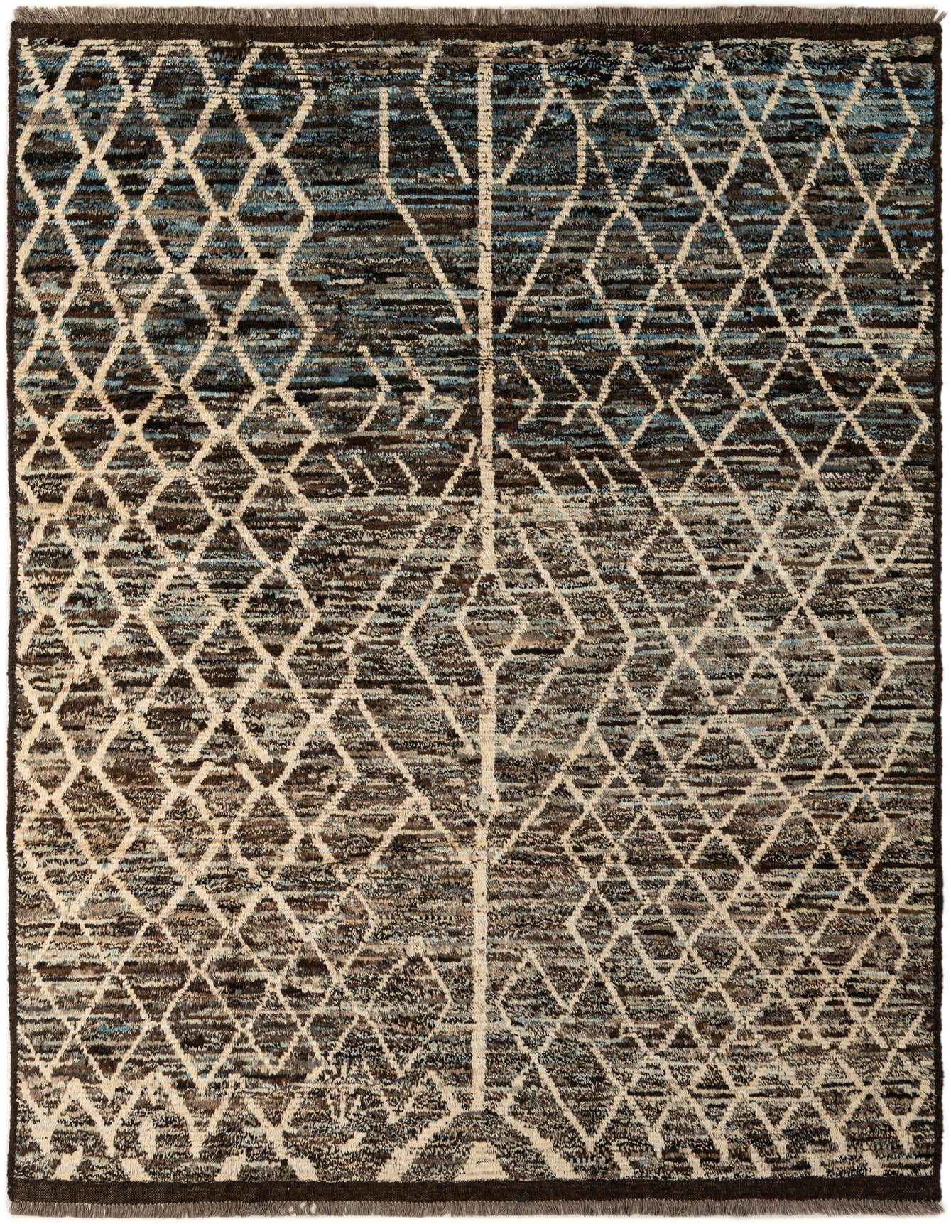 A 6x9 rectangular Moroccan tribal rug in shades of brown and tan with a distinct diamond pattern.