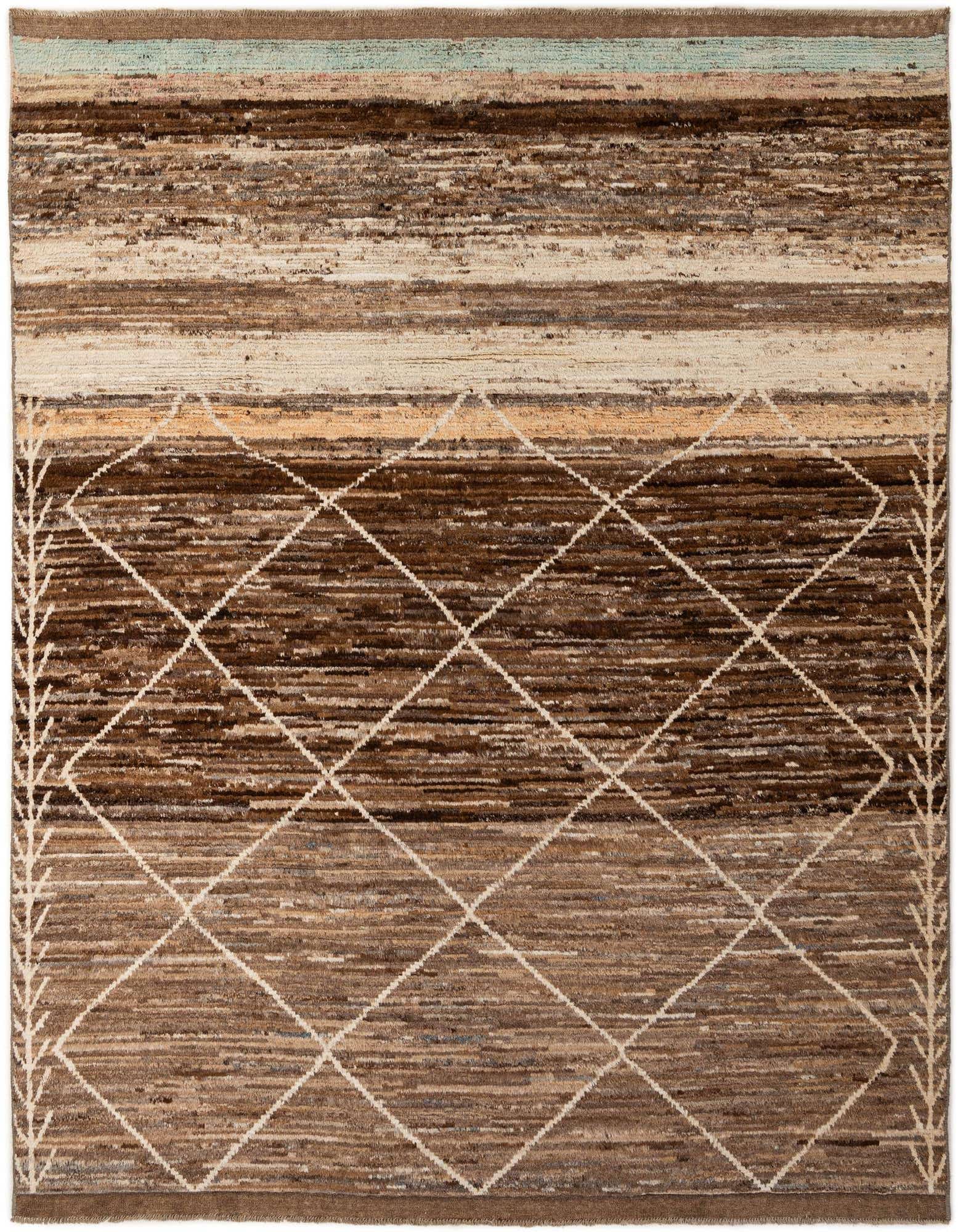A rectangular 8x10 brown and tan wool area rug with a tribal diamond pattern and striped accents.