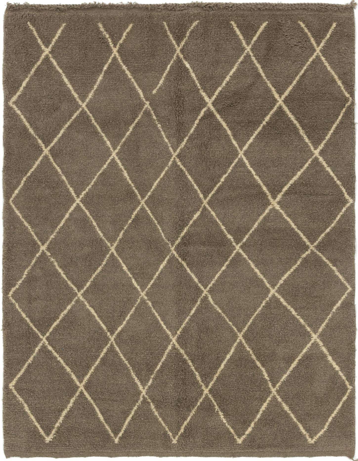 A 7x10 rectangular brown shag rug with a cream diamond trellis pattern, ideal for a living room.