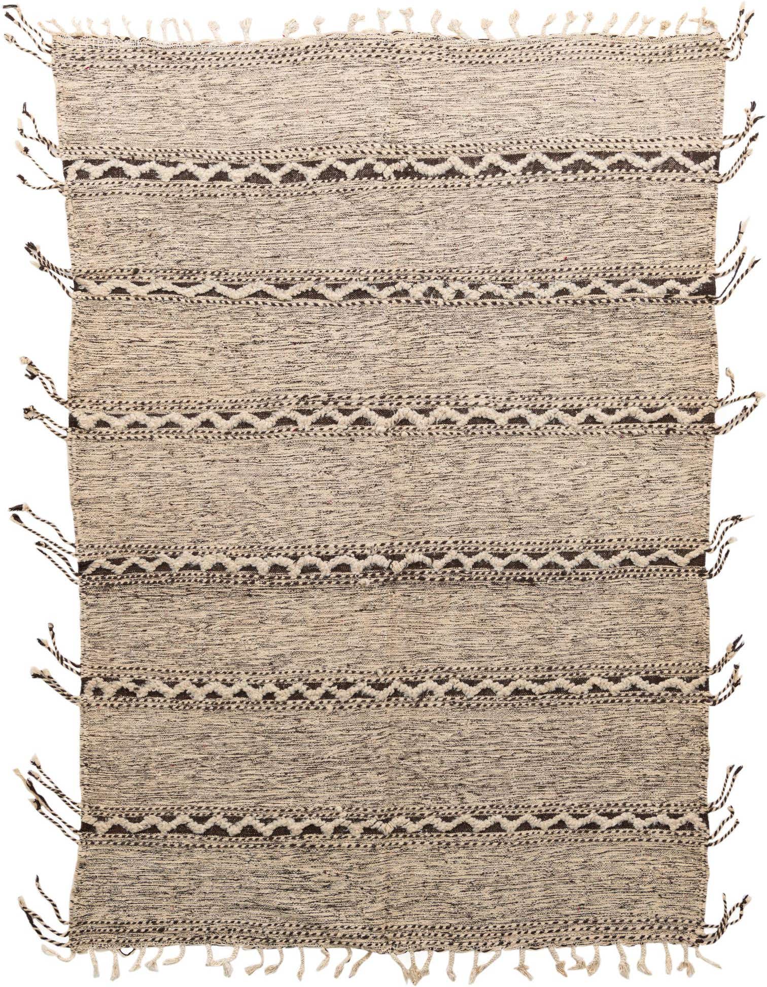 A 6x9 rectangular Moroccan tribal rug in shades of brown and tan, featuring abstract patterns and fringe.