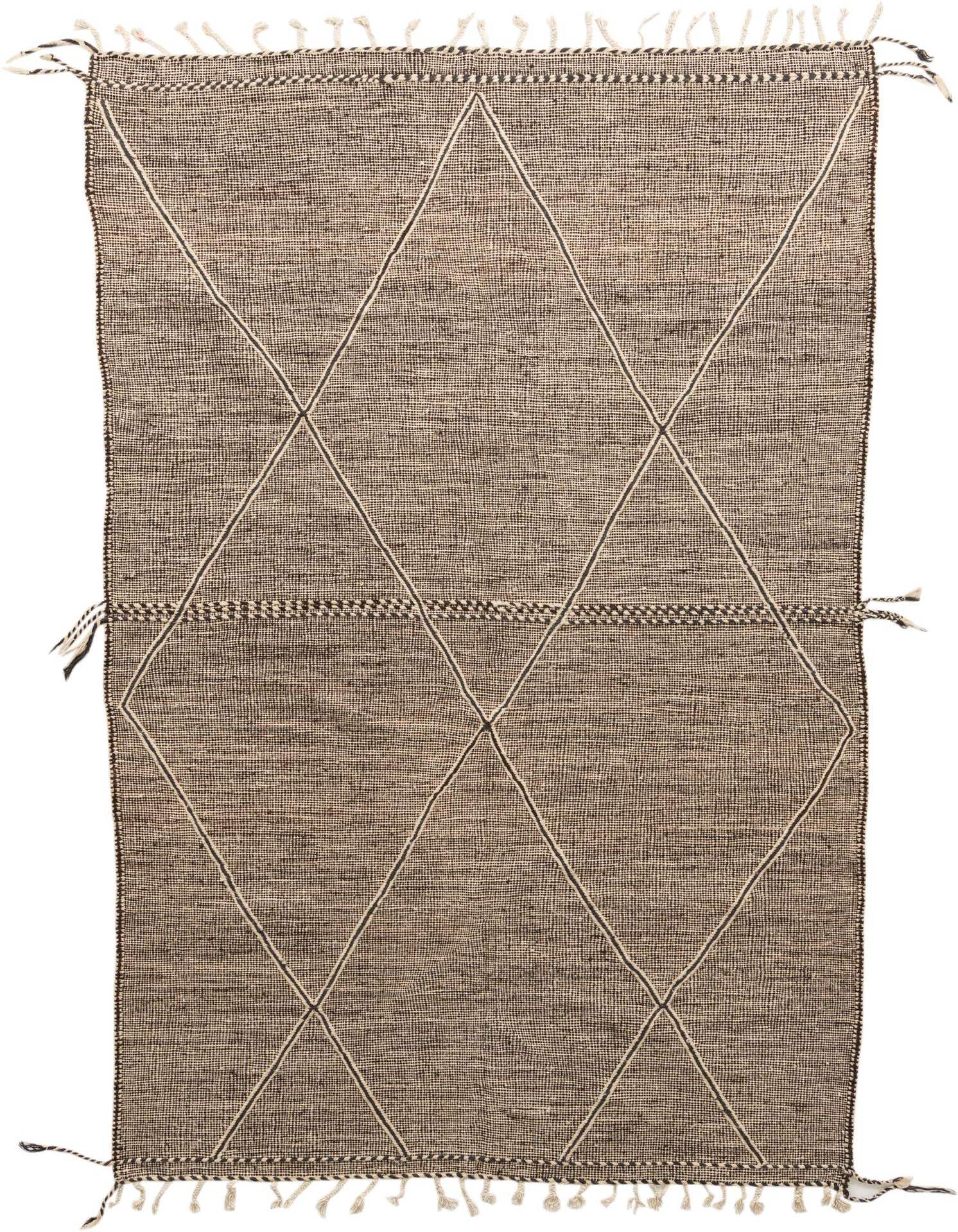 A 6x9 rectangular brown and tan wool shag rug with a tribal diamond pattern and fringed edges, suitable for a living room.