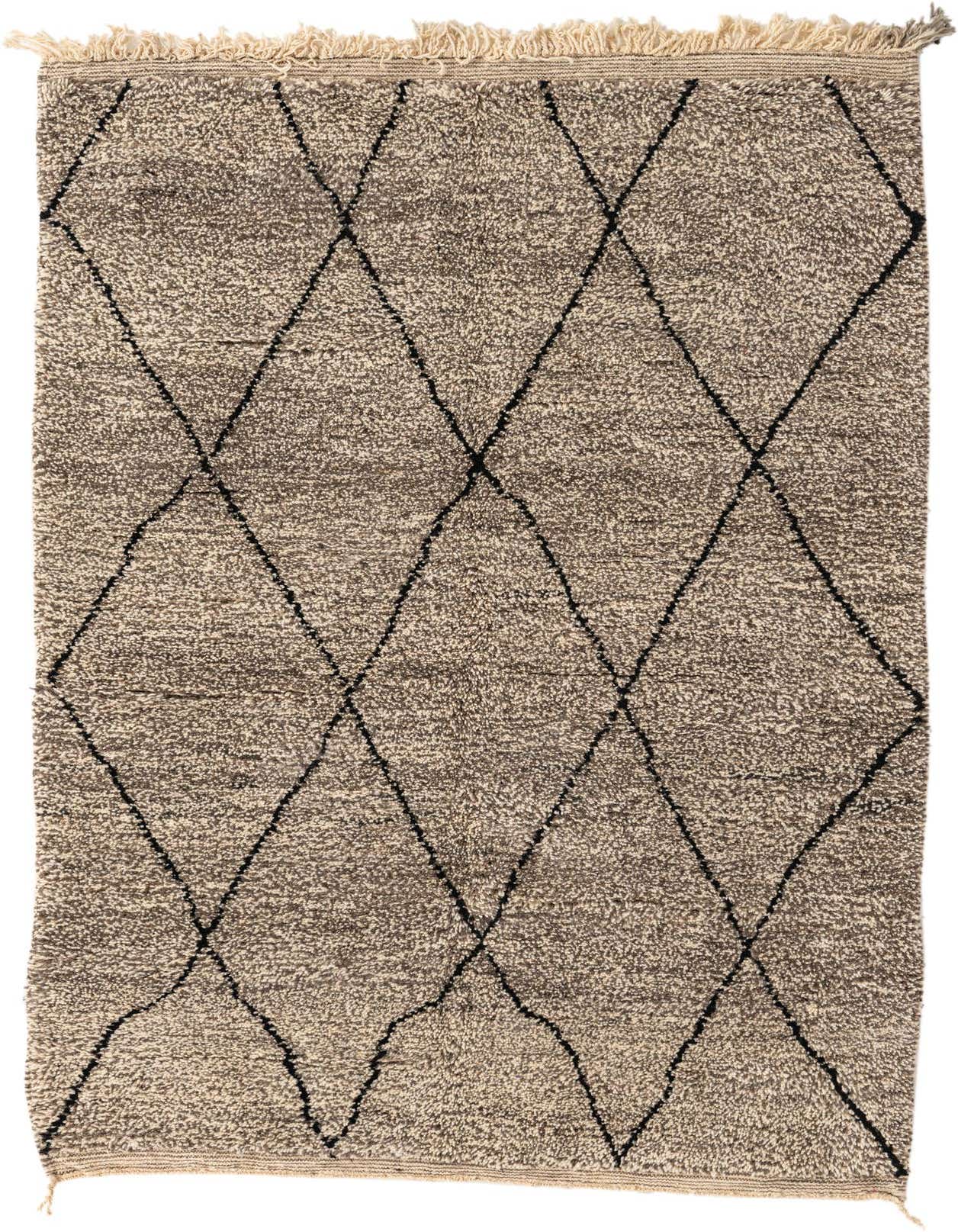 A 5x8 rectangular Moroccan shag rug in brown and tan with a black tribal diamond pattern, ideal for a living room.