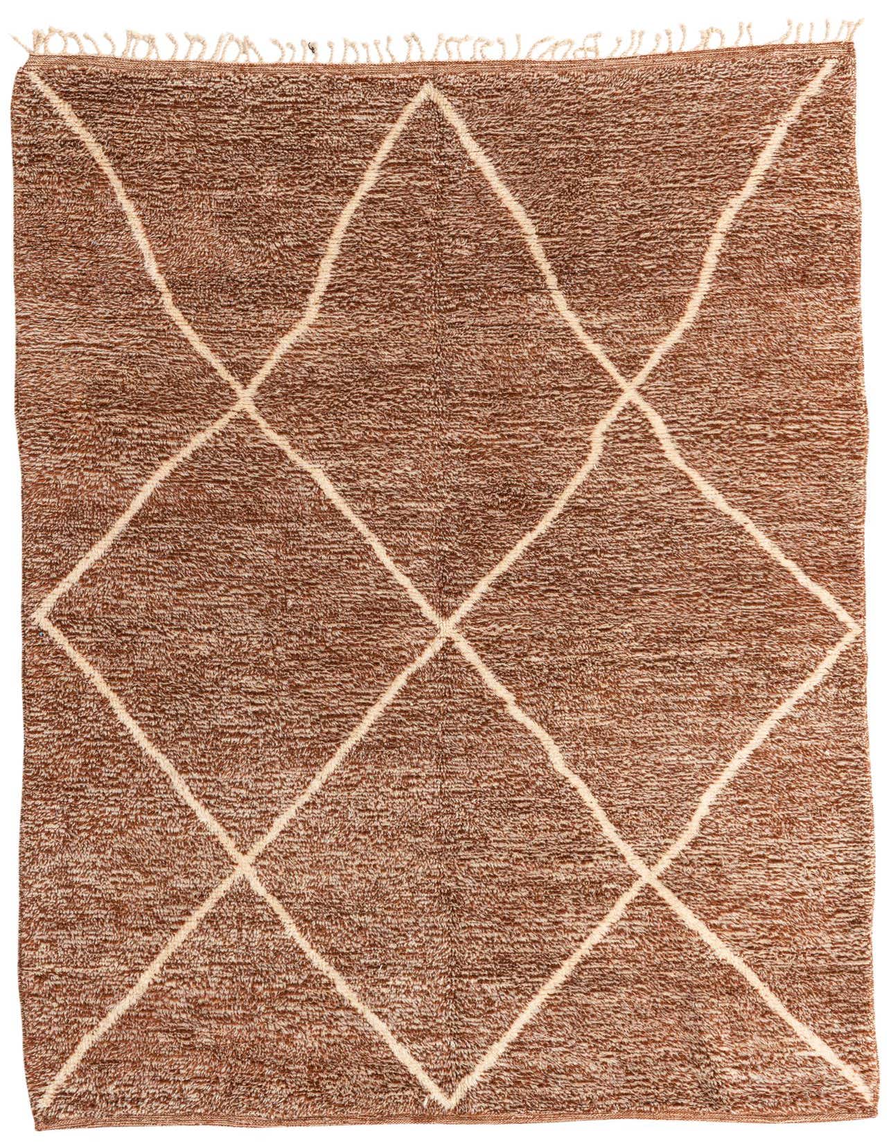 A 6x9 rectangular brown shag rug with a cream tribal diamond pattern, ideal for a living room or bedroom.