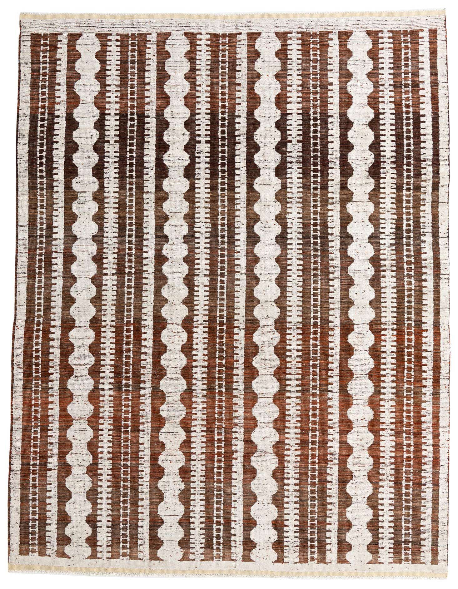 A rectangular 8x11 brown and white tribal shag rug with alternating wavy and ladder-like vertical stripes.