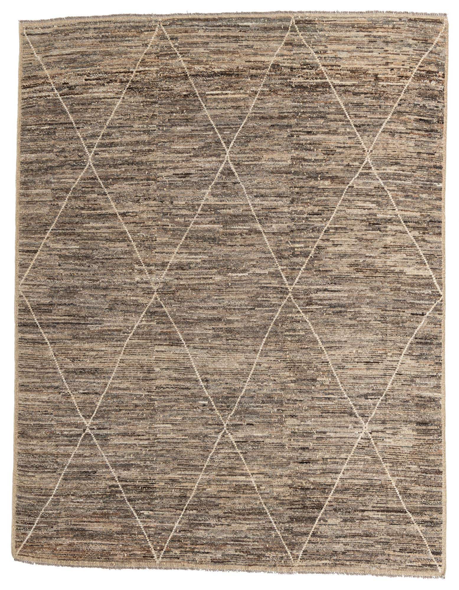 A 9x12 rectangular brown shag wool rug with a modern tribal diamond pattern, ideal for a living room.